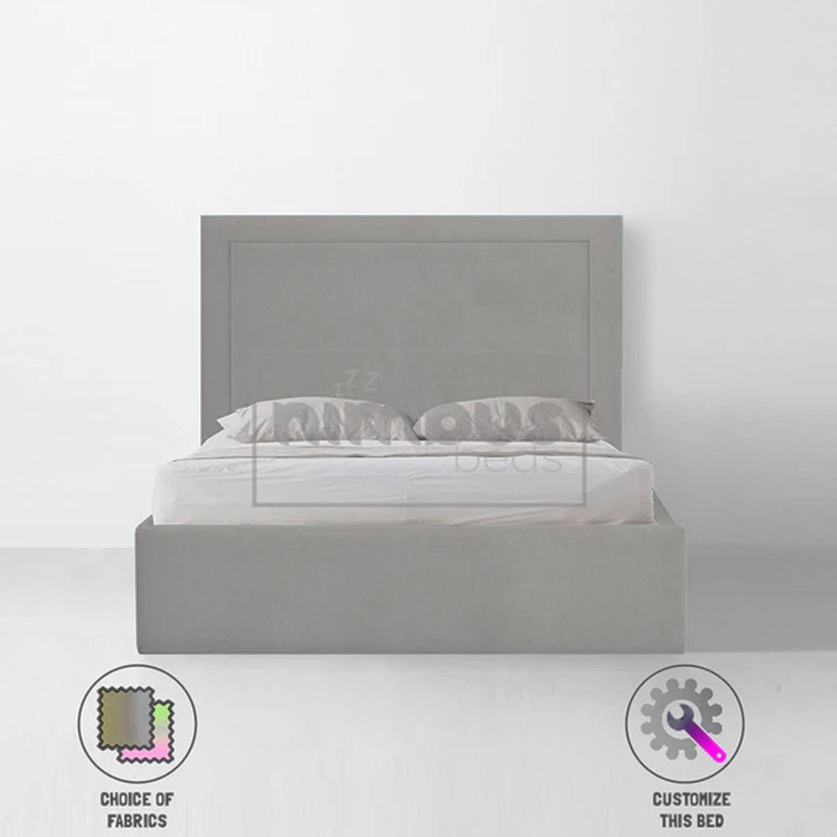 Charlie Studded Bed Frame - Queen Size Metal Platform Bed with Upholstered Headboard, Sturdy Steel Frame for Bedroom, Living Room, Guest Room - Modern & Industrial Style Furniture