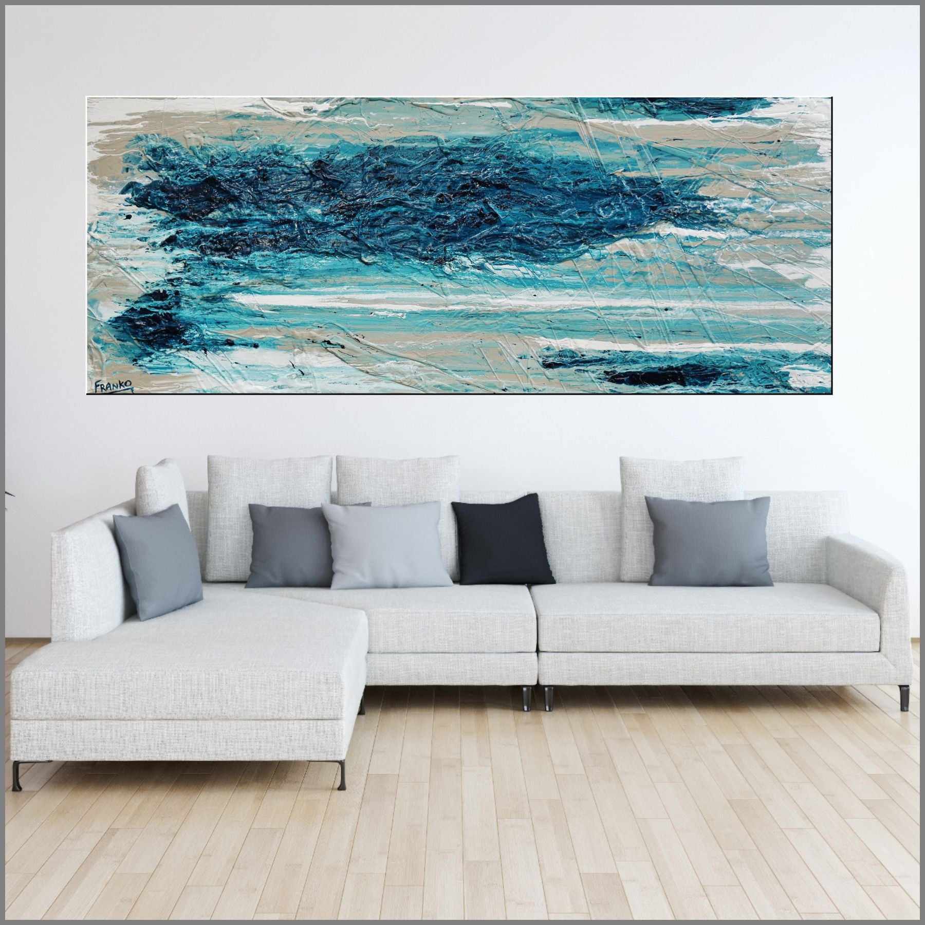 Atomic Malt 200cm x 80cm Blue Cream Textured Abstract Canvas Art - Modern Wall Decor for Living Room, Bedroom & Office