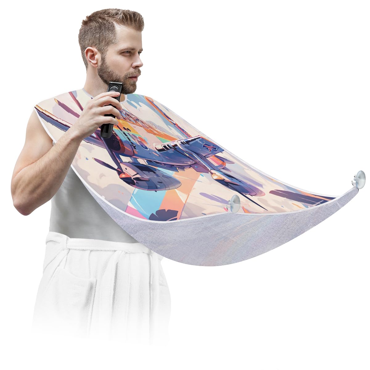 Cartoon Colorful Airplane Print Beard Shaving Bib for Men - Waterproof Barber Apron for Hair Dye, Makeup & Beard Trimming - Sink Hair Catcher & Styling Tool - Perfect for Home Grooming & Salon Use