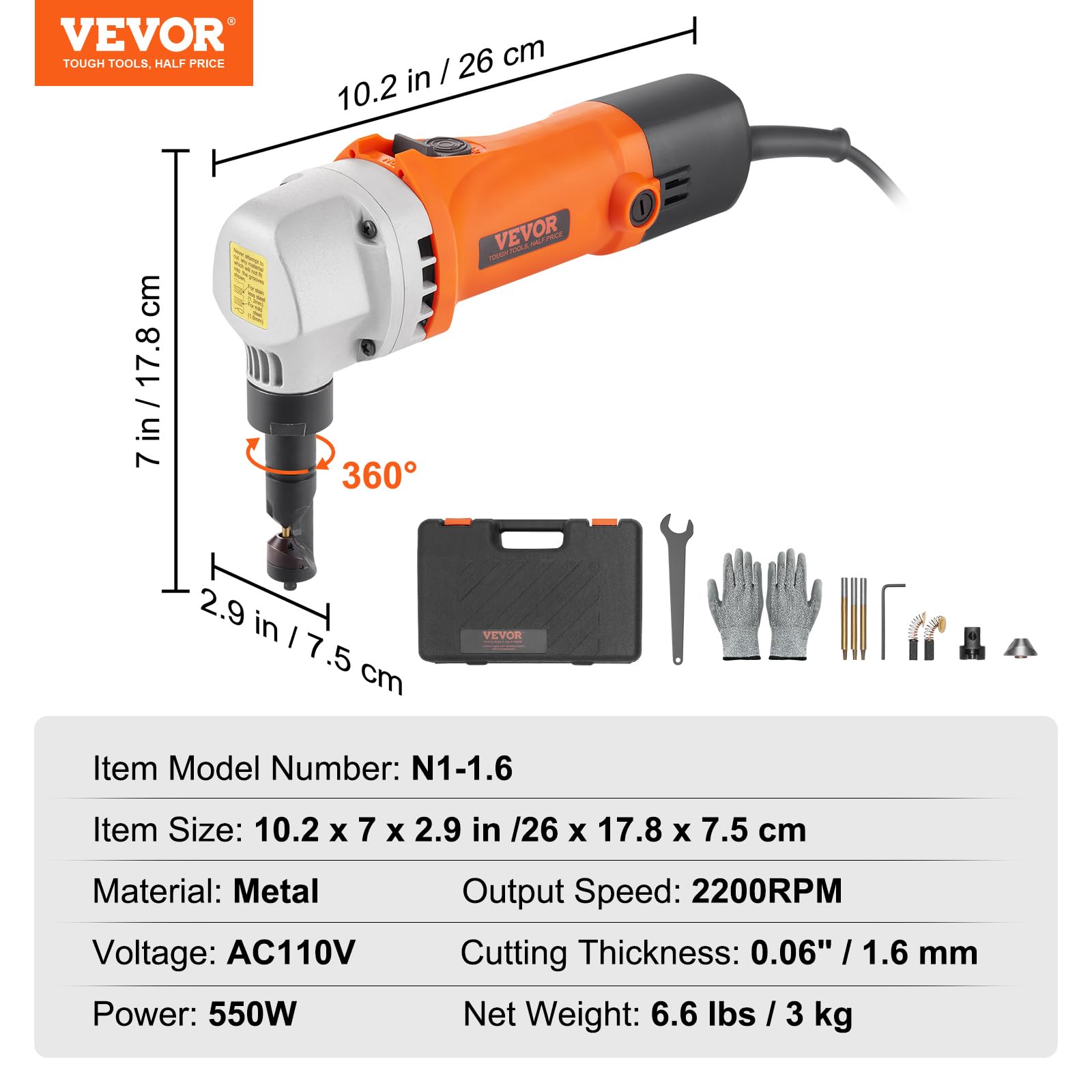VEVOR 550W Electric Sheet Metal Nibbler - 2200 RPM High-Speed Cutter with 360° Rotation for Stainless Steel, Aluminum, Plastic & Wood - Perfect for Straight, Curved & Circular Cuts in DIY, HVAC & Metal Fabrication Projects