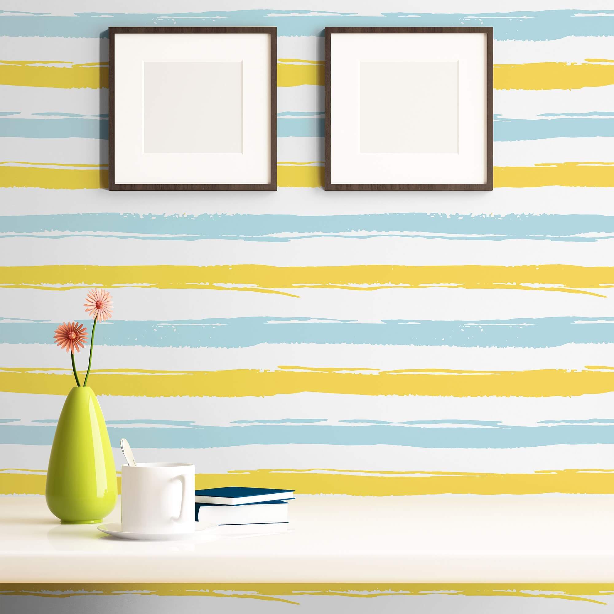 Blue and Yellow Striped Peel and Stick Removable Wallpaper - Self-Adhesive Decorative Wall Covering for Bedroom, Nursery, Living Room & Office Decor