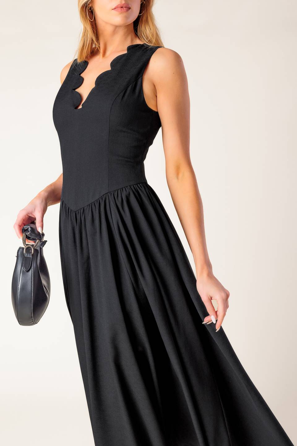 FOR THE RECORD SCALLOP V-NECK MIDI DRESS in Black - Elegant Party & Cocktail Attire for Women