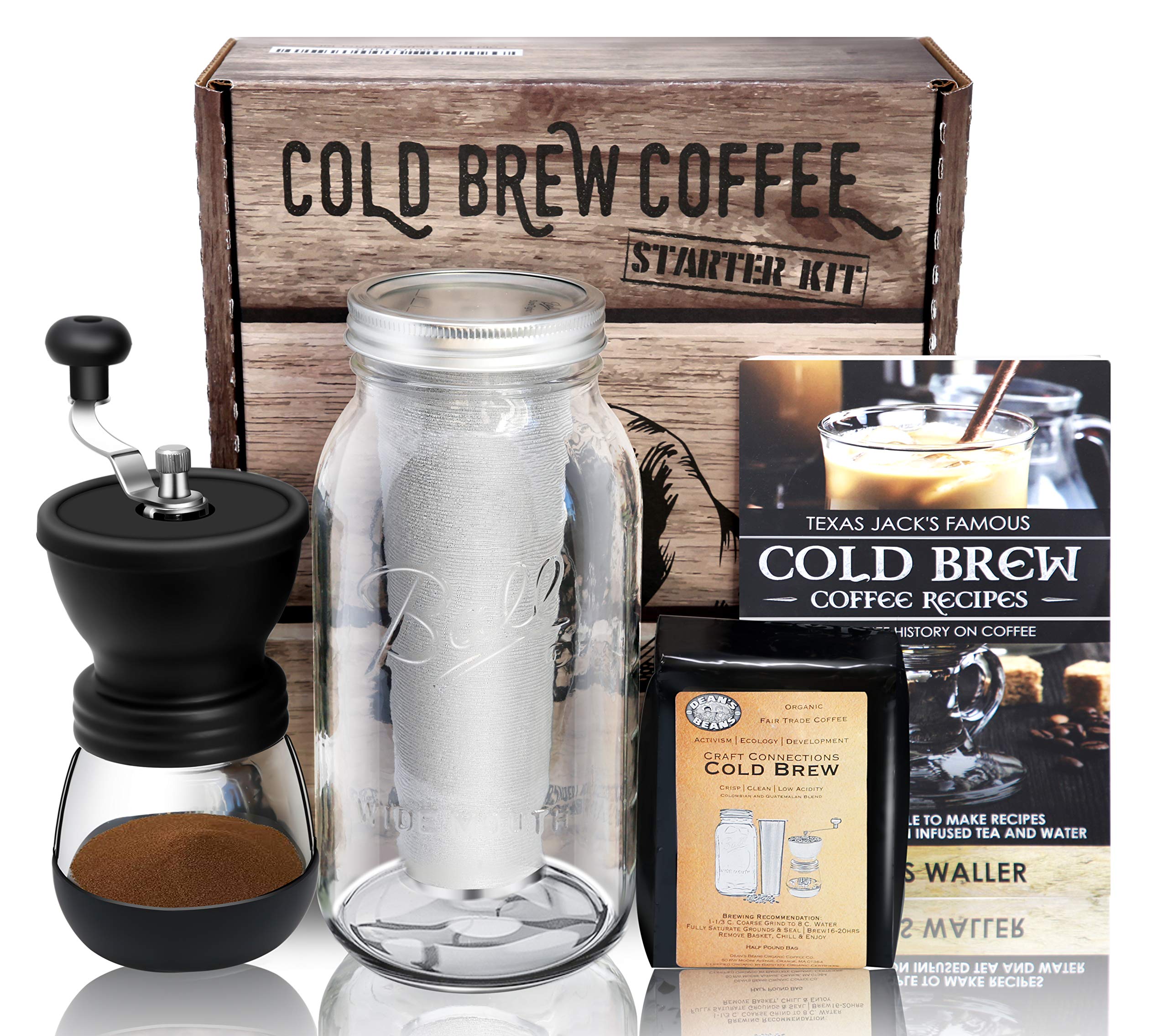 Premium Cold Brew Coffee Maker Kit - Half Gallon Mason Jar, Stainless Steel Filter, Ceramic Burr Grinder | Organic Whole Bean Coffee & Recipe Book | Perfect for Home, Office & Camping Brewing