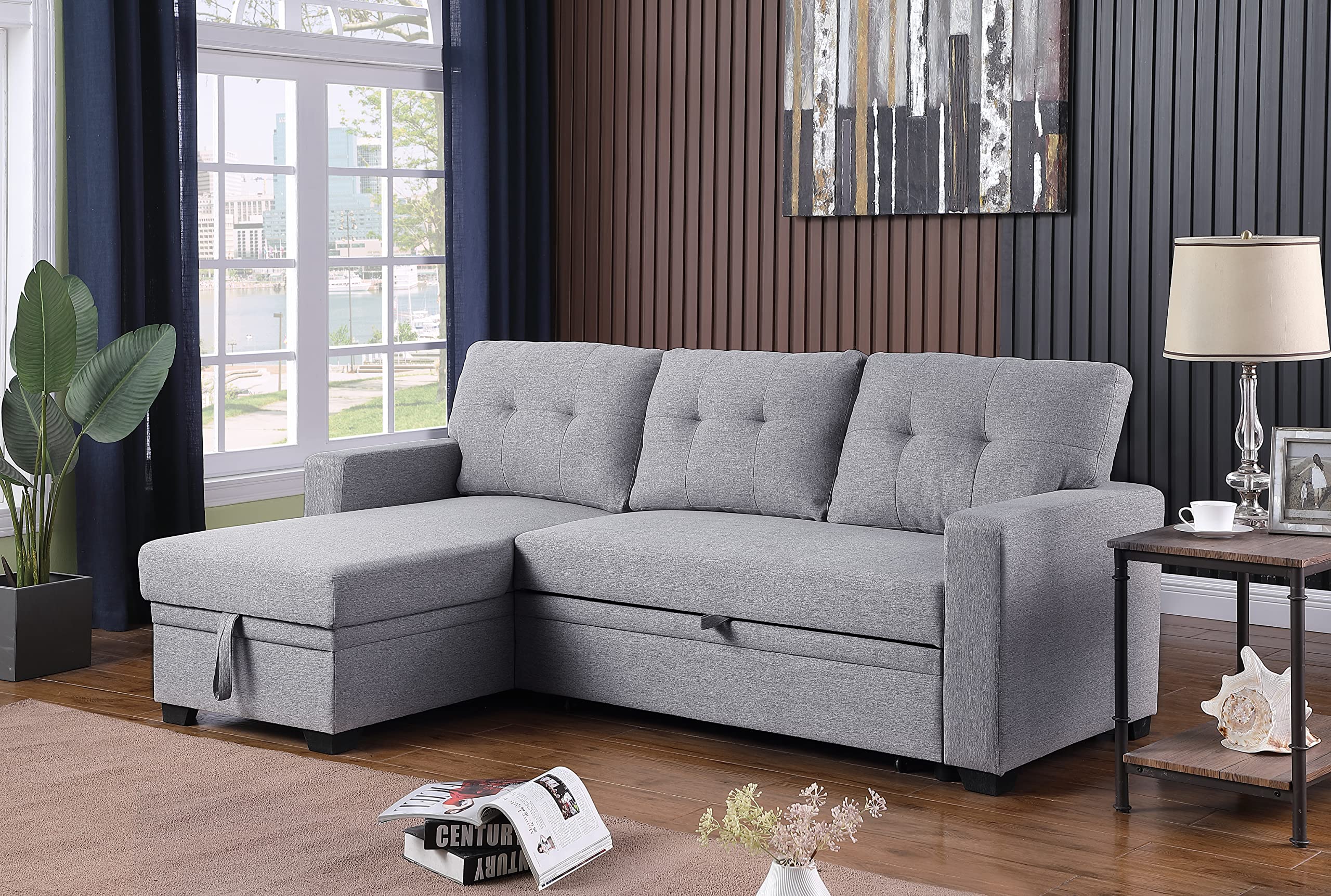 Devion Furniture L-Shape Sleeper Sectional Sofa with Linen Fabric - Convertible Sofa Bed for Living Room, Apartment & Dorm - Light Gray | Perfect for Small Spaces, Guest Rooms & Studio Apartments