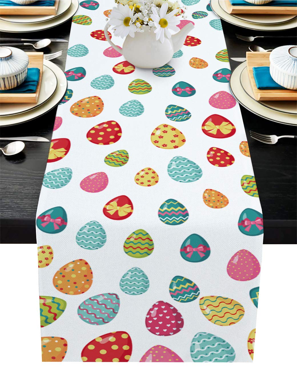 Colorful Easter Egg Table Runner 13 x 108 Inch - Cotton-Polyester Blend Holiday Tablecloth for Easter Dinner, Farmhouse Decor, Indoor Outdoor Party Decorations - Perfect for Spring Celebrations and Family Gatherings