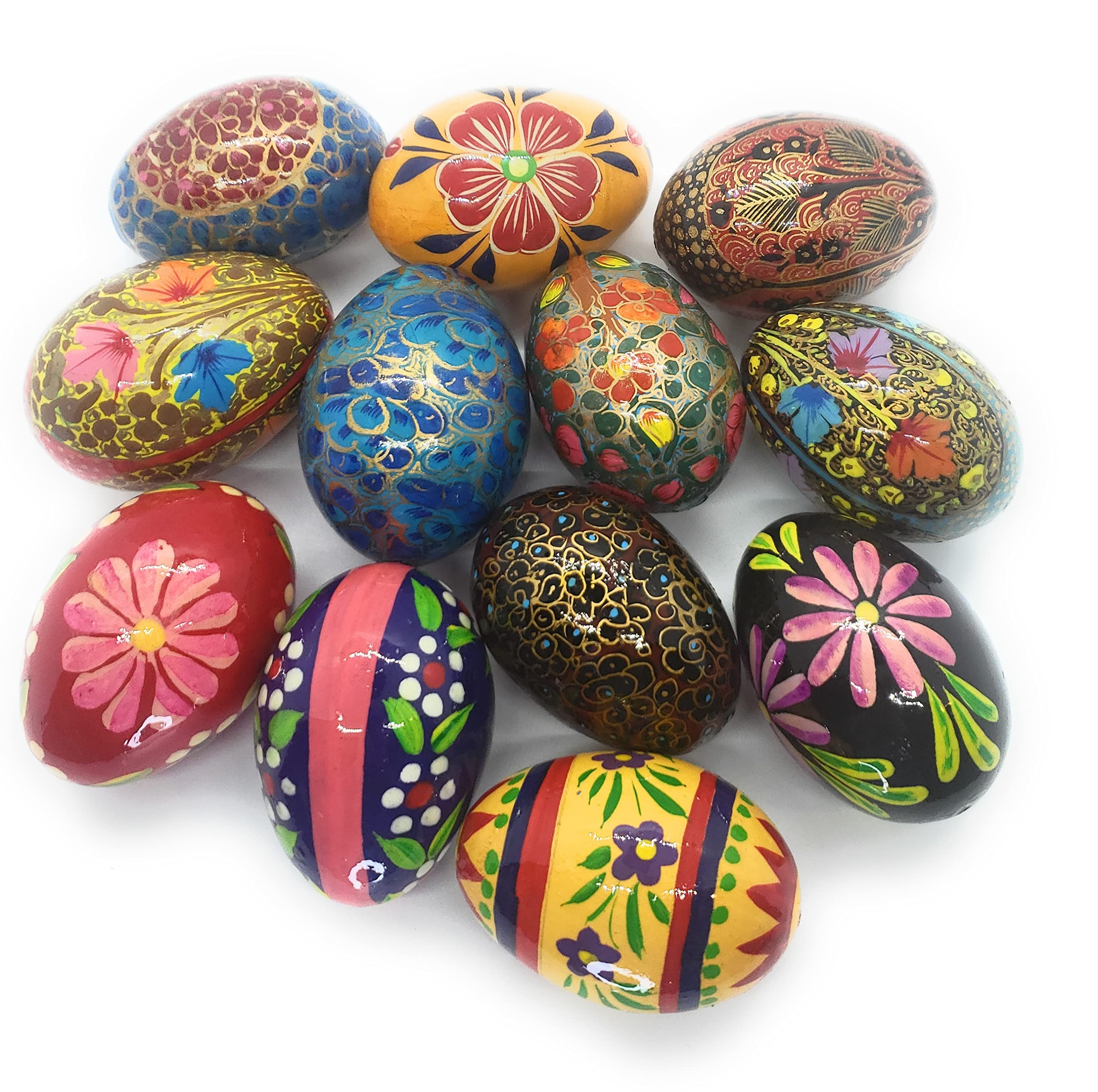 Hand Painted Wooden Easter Eggs - Eco Friendly & Lightweight Kids Safe Pisanki Style Decorations (Set of 12) - Perfect for Easter Basket Stuffers, Spring Home Decor & DIY Craft Projects