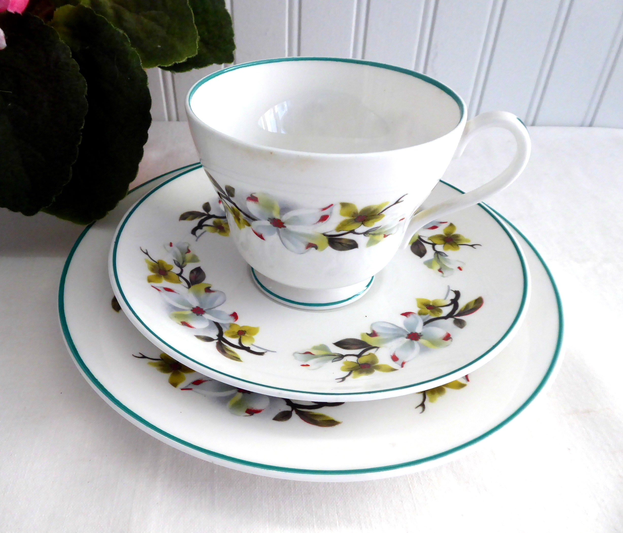 Shelley Bailey's Dogwood Cup, Saucer & Plate Set - Windsor Teacup Trio with Teal Trim - Perfect for Afternoon Tea, Bridal Showers & Vintage Tea Party Decor