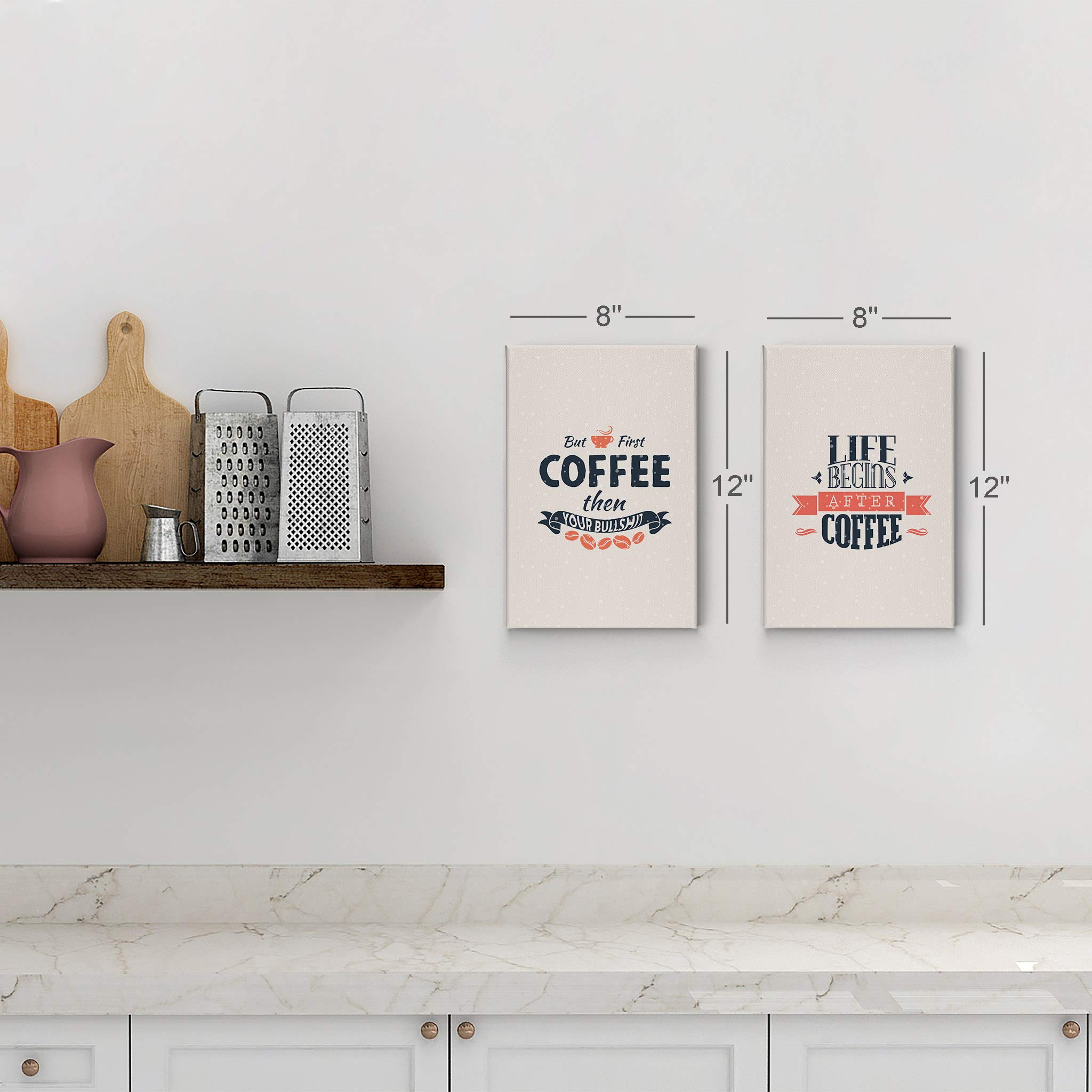 Life Begins After Coffee & But First Coffee 2-Panel Canvas Wall Art Set - Inspirational Kitchen Decor, Coffee Shop Sign, Farmhouse & Restaurant Decor (28x19 inches) - Perfect for Home, Office & Cafe Decorations