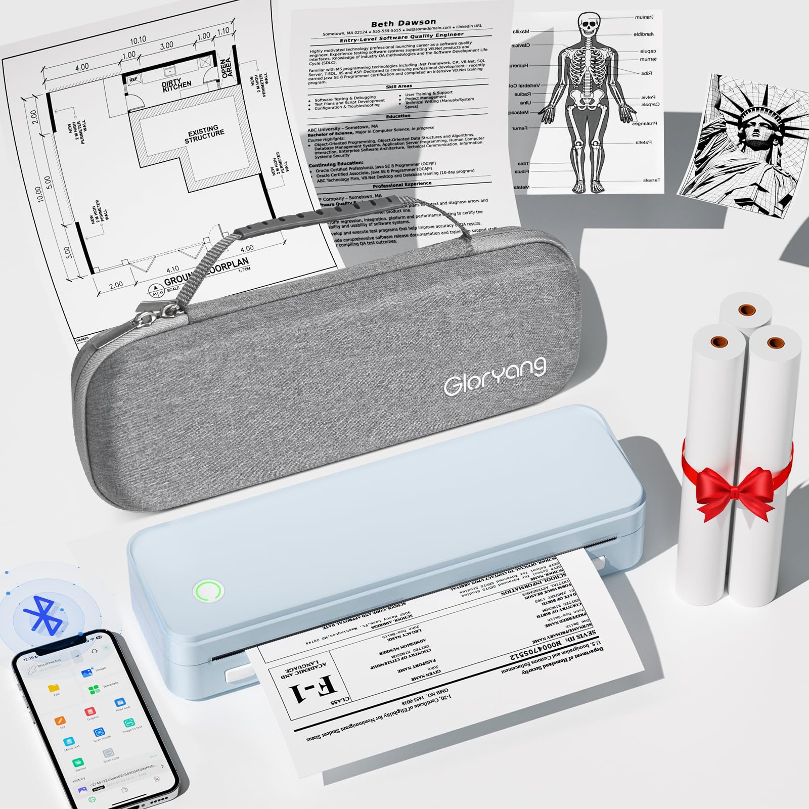 Wireless Thermal Printer for Travel - Portable Inkless Printer with Bluetooth, Supports 8.5