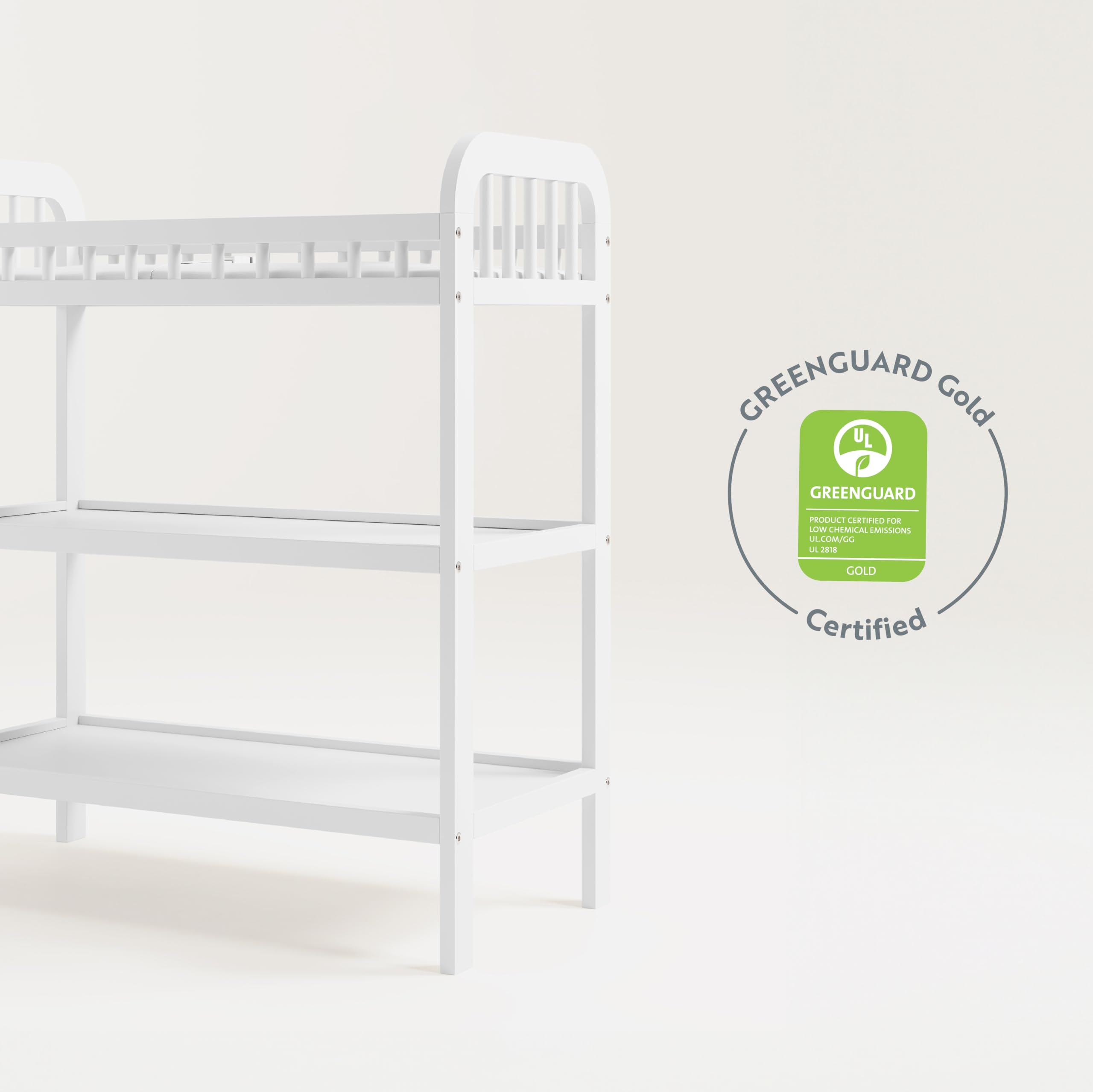 Storkcraft Pasadena White Changing Table with Water-Resistant Pad - GREENGUARD Gold Certified Baby Nursery Furniture, 2 Open Shelves & Safety Strap | Perfect for Diaper Changing, Baby Care Organization in Nursery Rooms