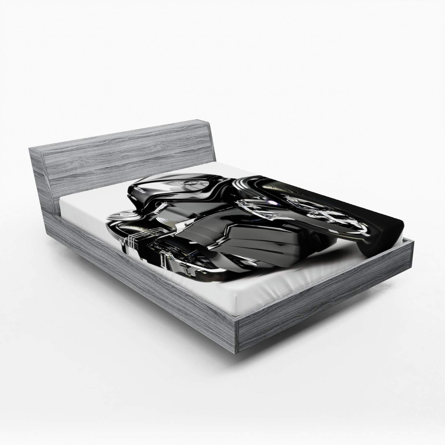 Ambesonne Futuristic Motorcycle Fitted Sheet - Full Size Black Bed Cover with Deep Pocket Elastic | High-Tech Custom Motorcycle Design for Modern Lifestyle | Perfect for Biker Bedrooms, Motorcycle Enthusiasts & Unique Home Decor