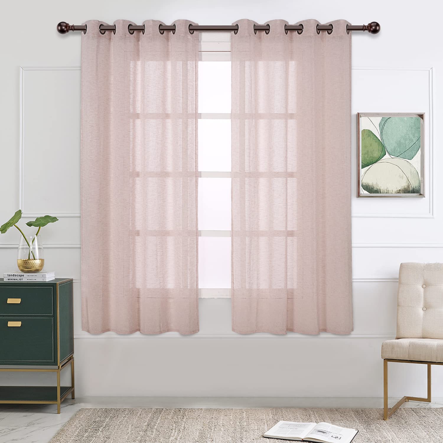 BONZER 45 Inch Light Filtering Voile Kitchen Window Curtains - Set of 2 Panels (54x45 Inch, Blush) | Grommet Top Sheer Drapes for Living Room, Bedroom & Bathroom Decor