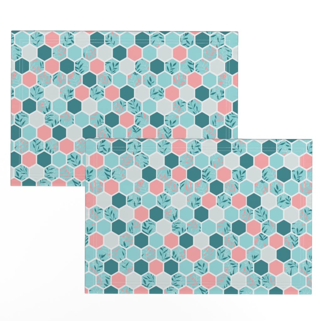Premium Linen Cotton Canvas Placemats Set of 2 - Floral Hexagon Geometric Abstract Design for Dining Table Decor | Washable & Durable Kitchen Table Mats for Everyday Use, Dinner Parties & Home Styling