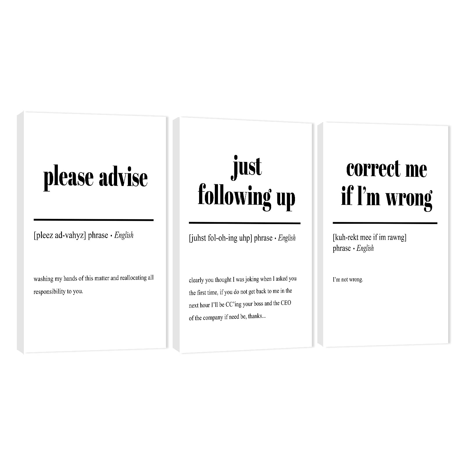 3-Piece Motivational Canvas Wall Art for Office Decor - Black & White Inspirational Quotes Framed Artwork (24