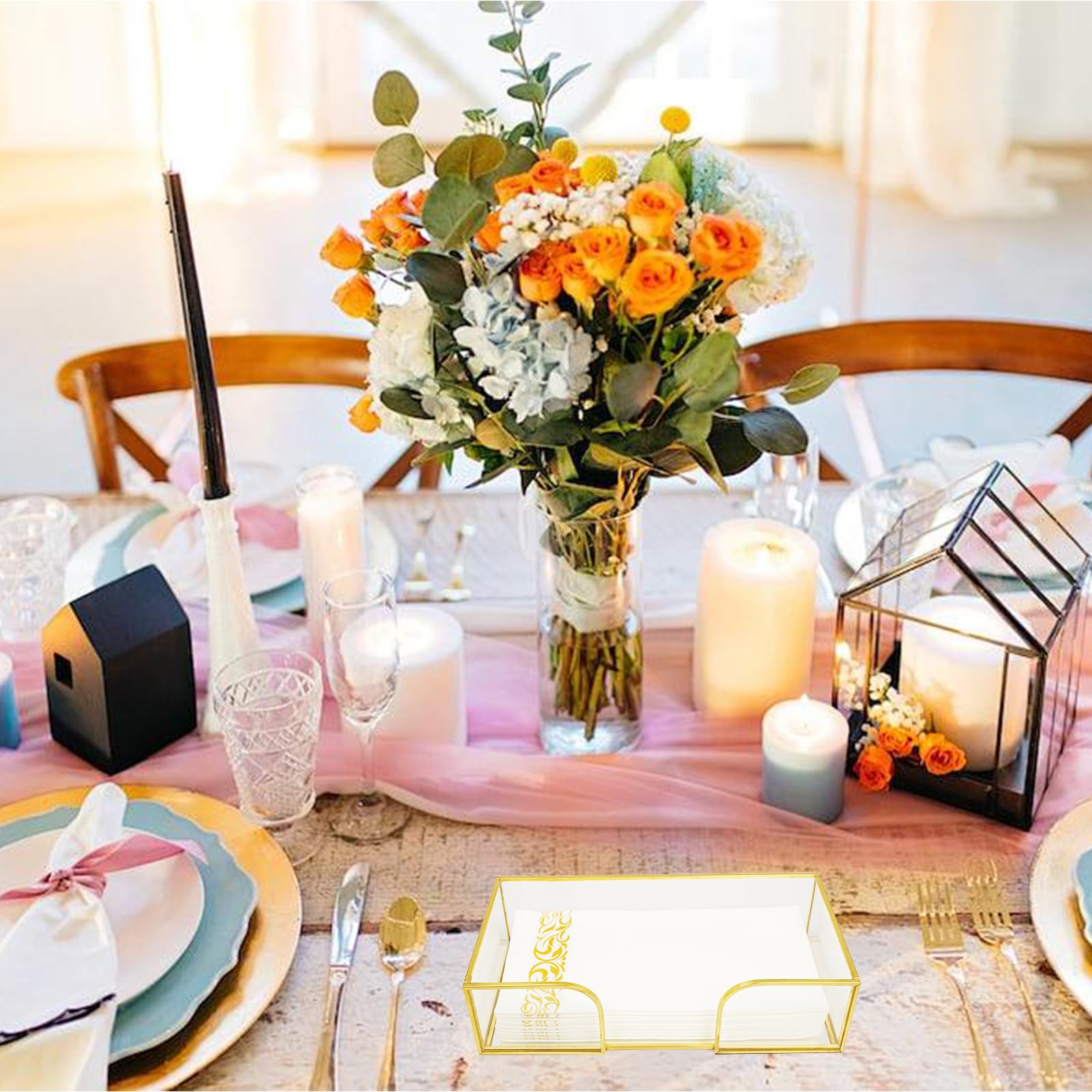 Gold Glass Napkin Holder - Stylish Guest Towel Holder Tray for Bathroom, Kitchen & Dining Table | Elegant Holiday Party Decor | Perfect for Home, Hotel & Spa Decorations