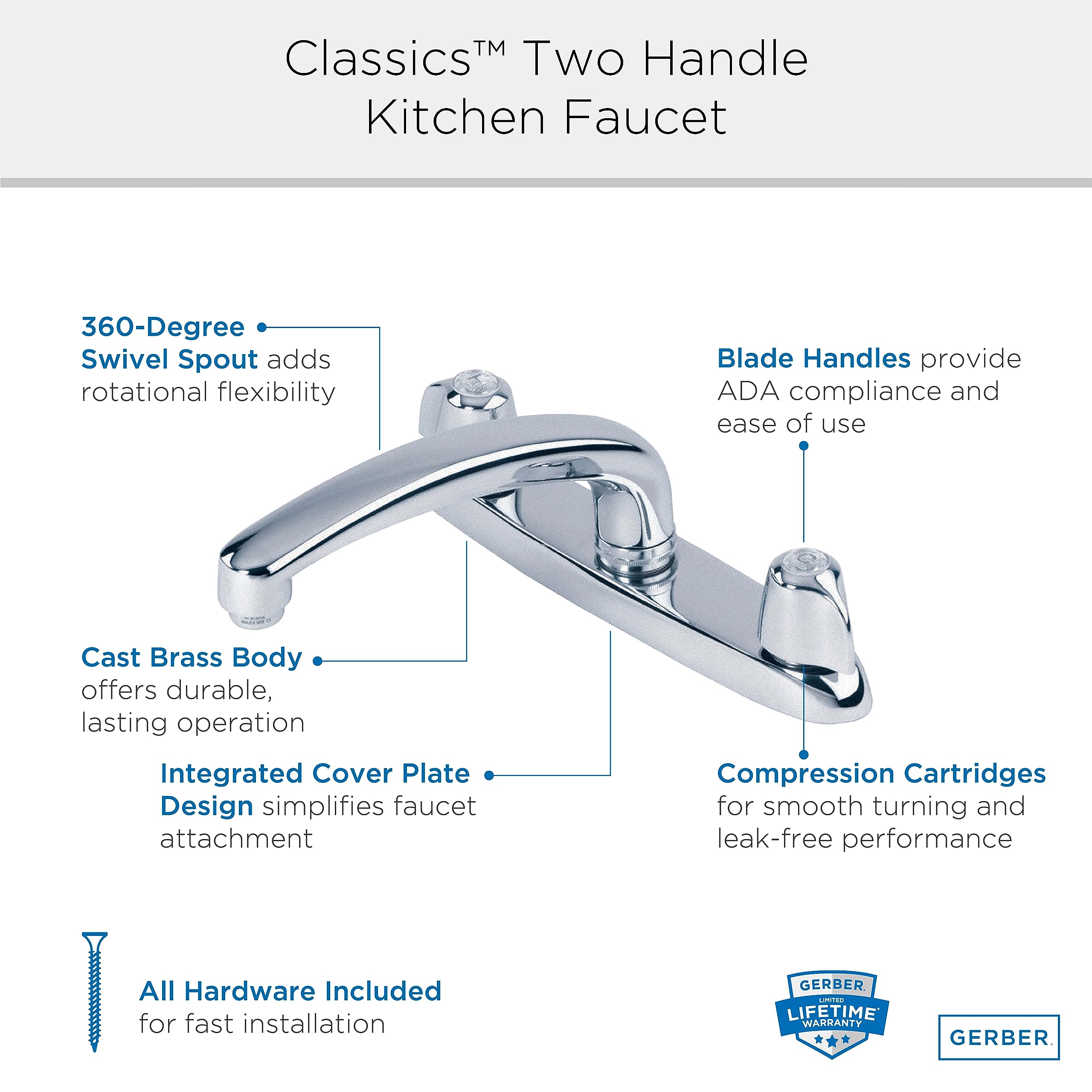 Gerber Classics Two-Handle Commercial Kitchen Faucet with Metal Handles & Acrylic Hot/Cold Buttons - Chrome G0042116 for Restaurant & Home Kitchen Sink Installation