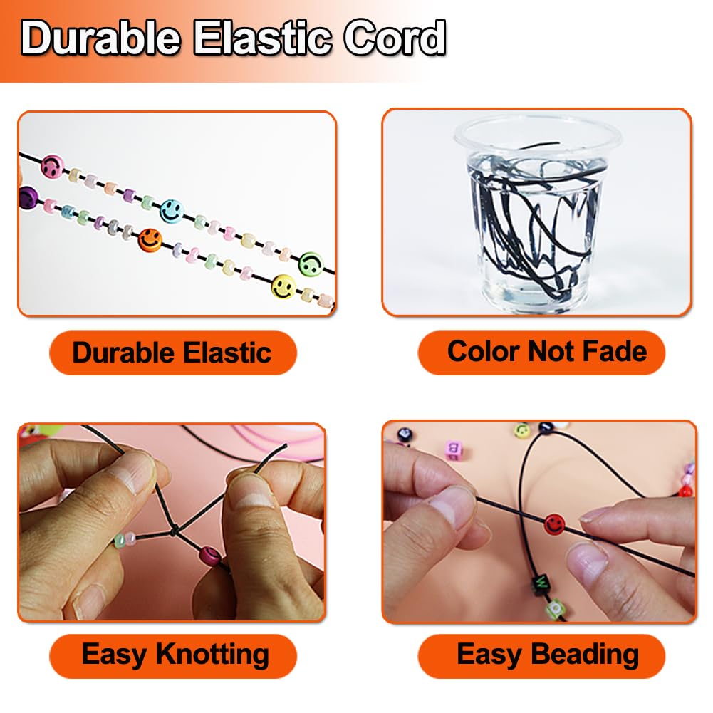 **1mm Elastic Cord for Bracelet Making - Stretchy Beading String for Pony Beads & Jewelry DIY - 3 Rolls (Black, Rainbow, White) - Perfect for Crafting, Friendship Bracelets & Kids' Bead Projects**