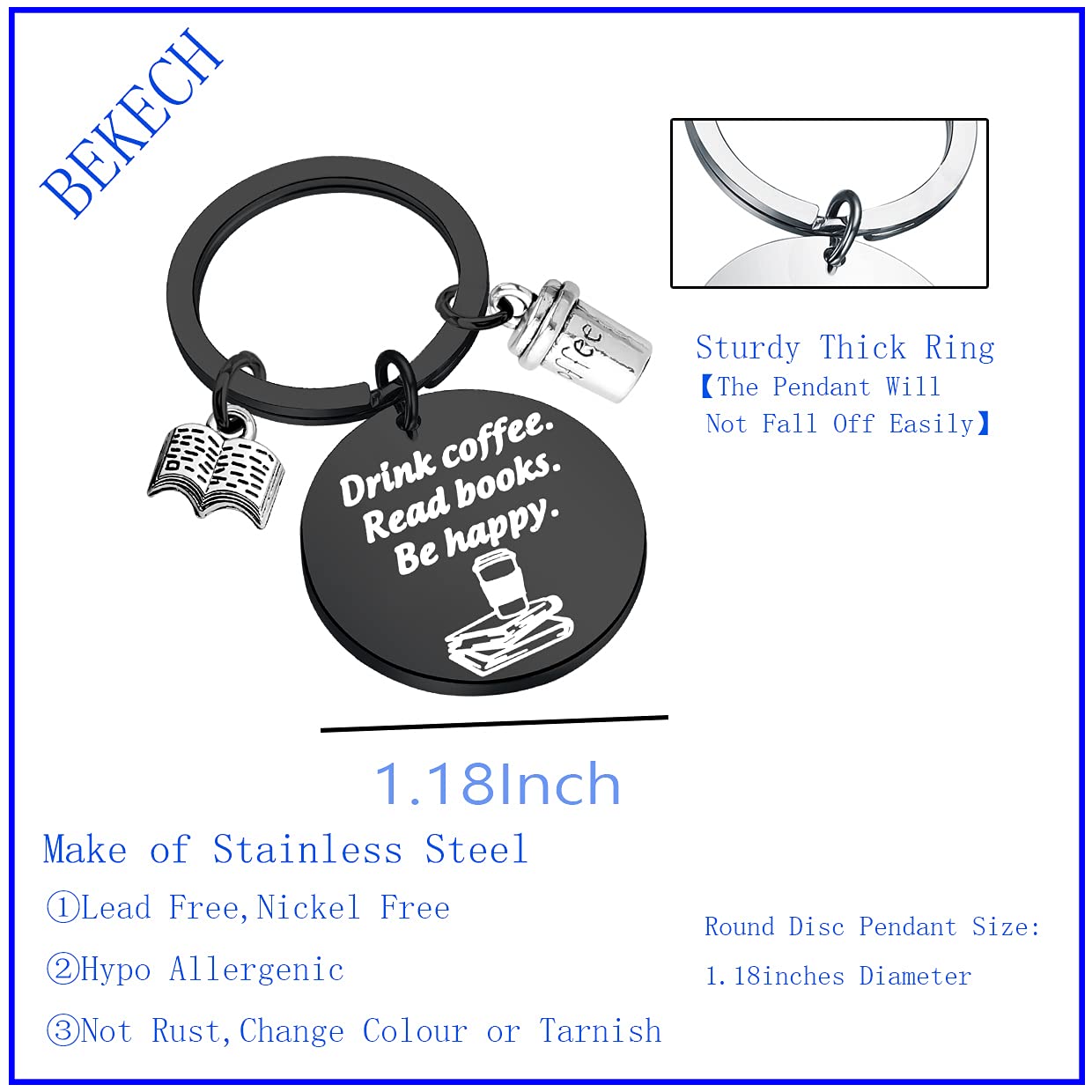 BEKECH Book & Coffee Lovers Gift Keychain - Inspirational 'Drink Coffee Read Books Be Happy' Charm - Perfect for Readers, Writers & Bibliophiles (Great for Book Clubs, Gifts & Everyday Carry)