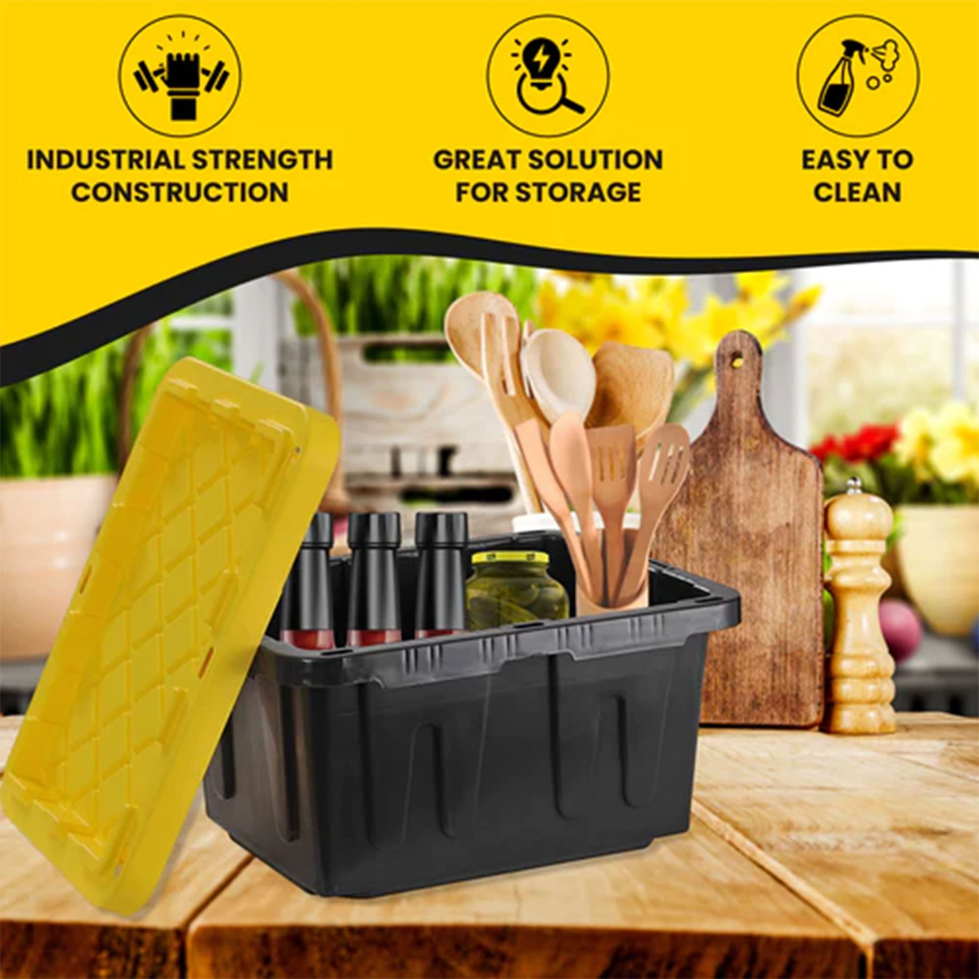Juggernaut Storage 4-Pack 5 Gallon Plastic Tote Bins with Lids - Heavy Duty Stackable Organizer Containers for Home, Garage, Office & Warehouse Organization (Black/Yellow)