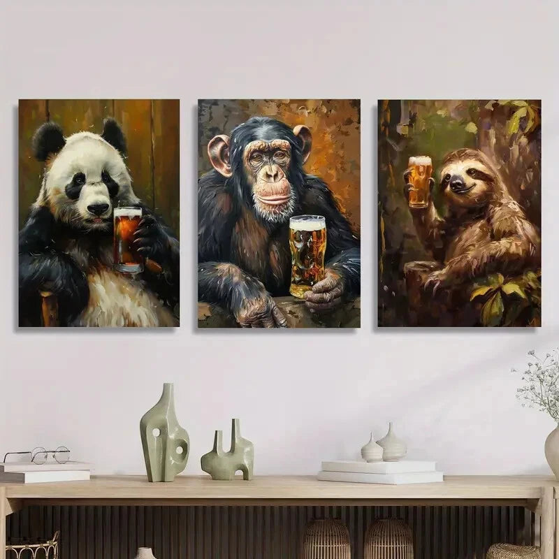 3-Piece Abstract Cute Wild Animal Drinking Beer Metal Wall Art Prints - Ready to Hang Home Decor for Living Room, Bar, Office & Man Cave