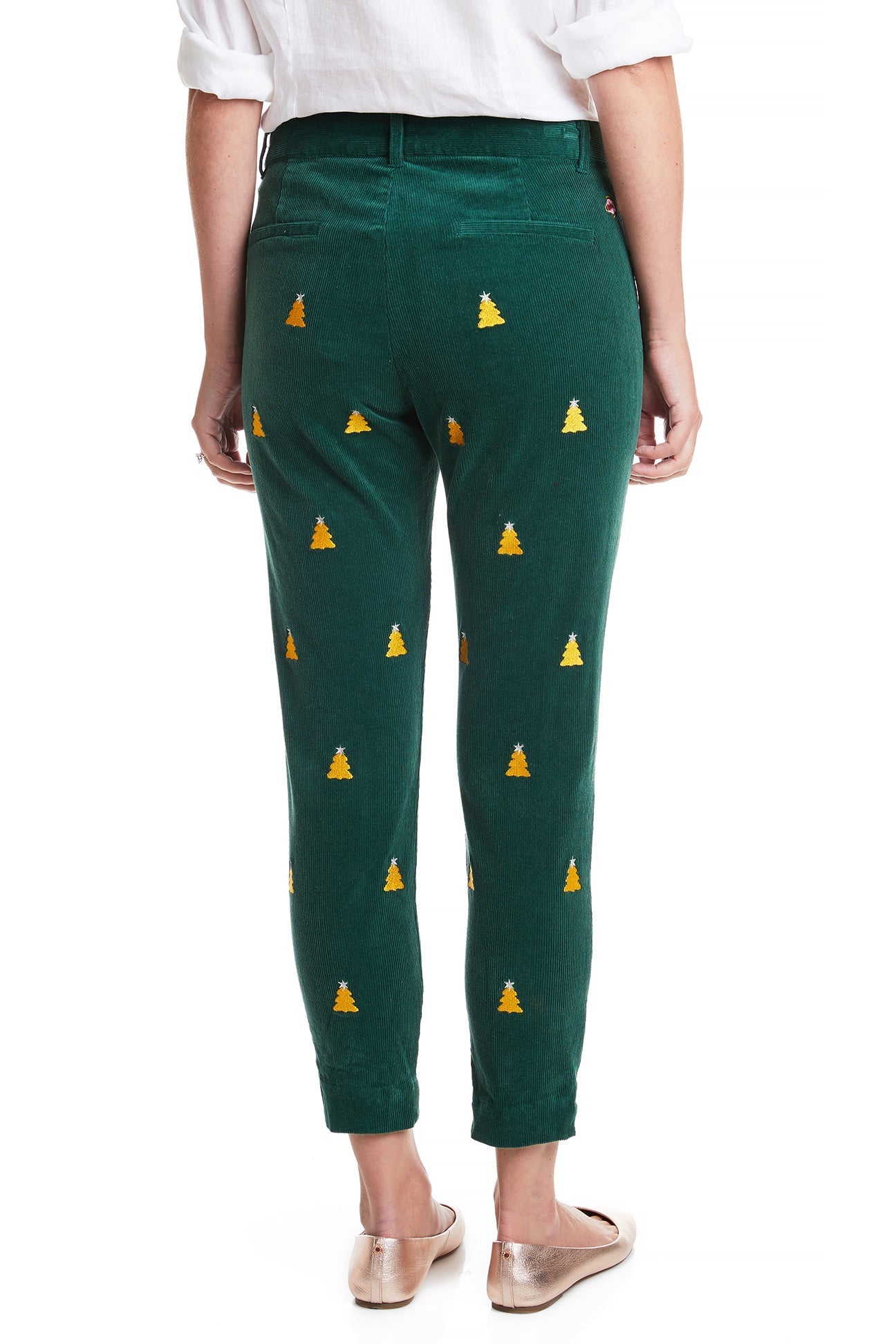Women's Corduroy Ankle Pants with Gold Tree & Silver Star Embroidery - Stylish Beachcomber Capri for Casual Outings, Date Nights & Fall Fashion