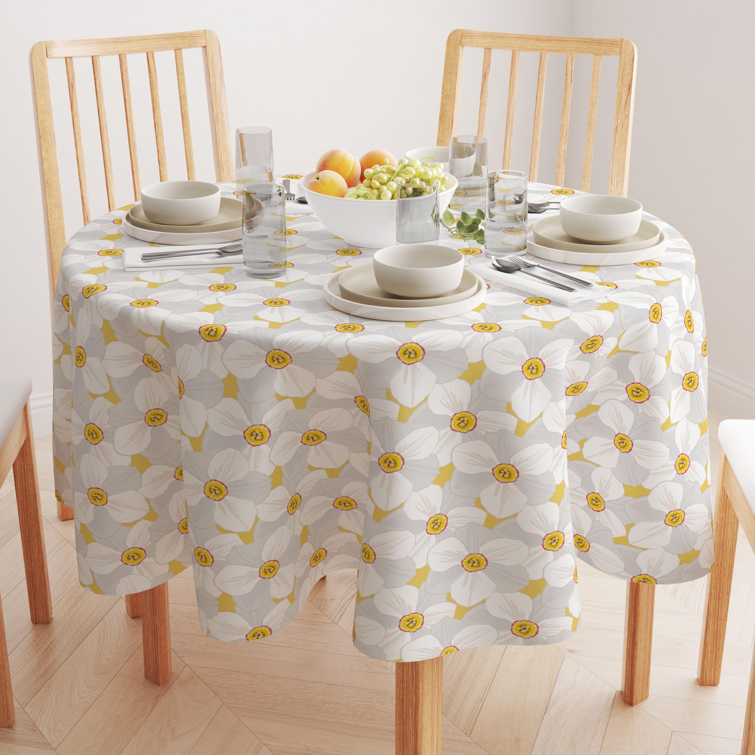 108 Inch Round Tablecloth - 100% Milliken Polyester Fabric with Large Petal Flowers Design - Machine Washable - Perfect for Dining Tables, Wedding Receptions & Outdoor Events
