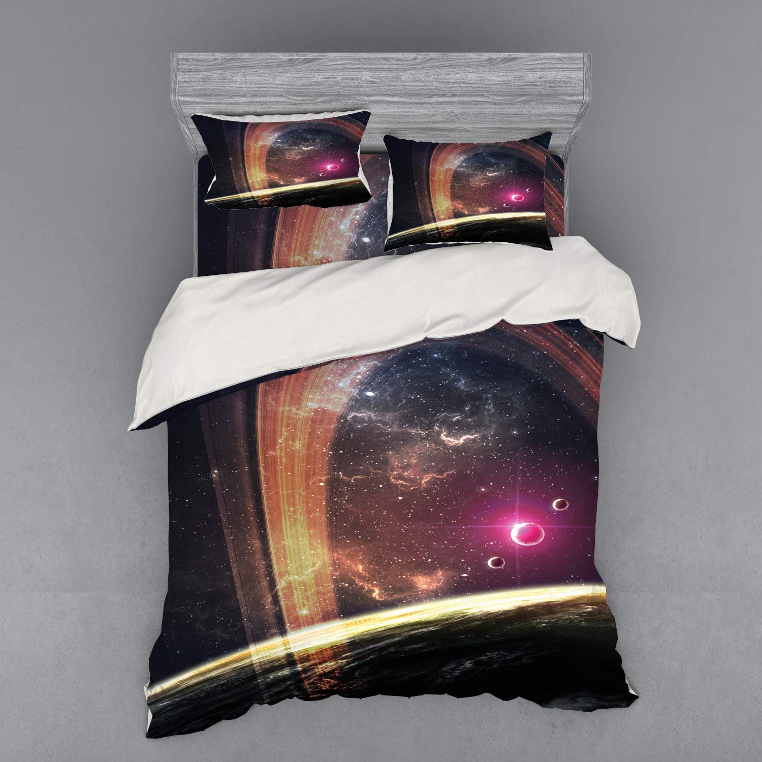 Ambesonne Galaxy Bedding Set Queen Size - 4 Piece Duvet Cover with Shams & Fitted Sheet, Deep Space Planets Nebula Stars Sci-Fi Art in Dark Grey Magenta - Perfect for Astronomy Lovers & Space-Themed Bedrooms