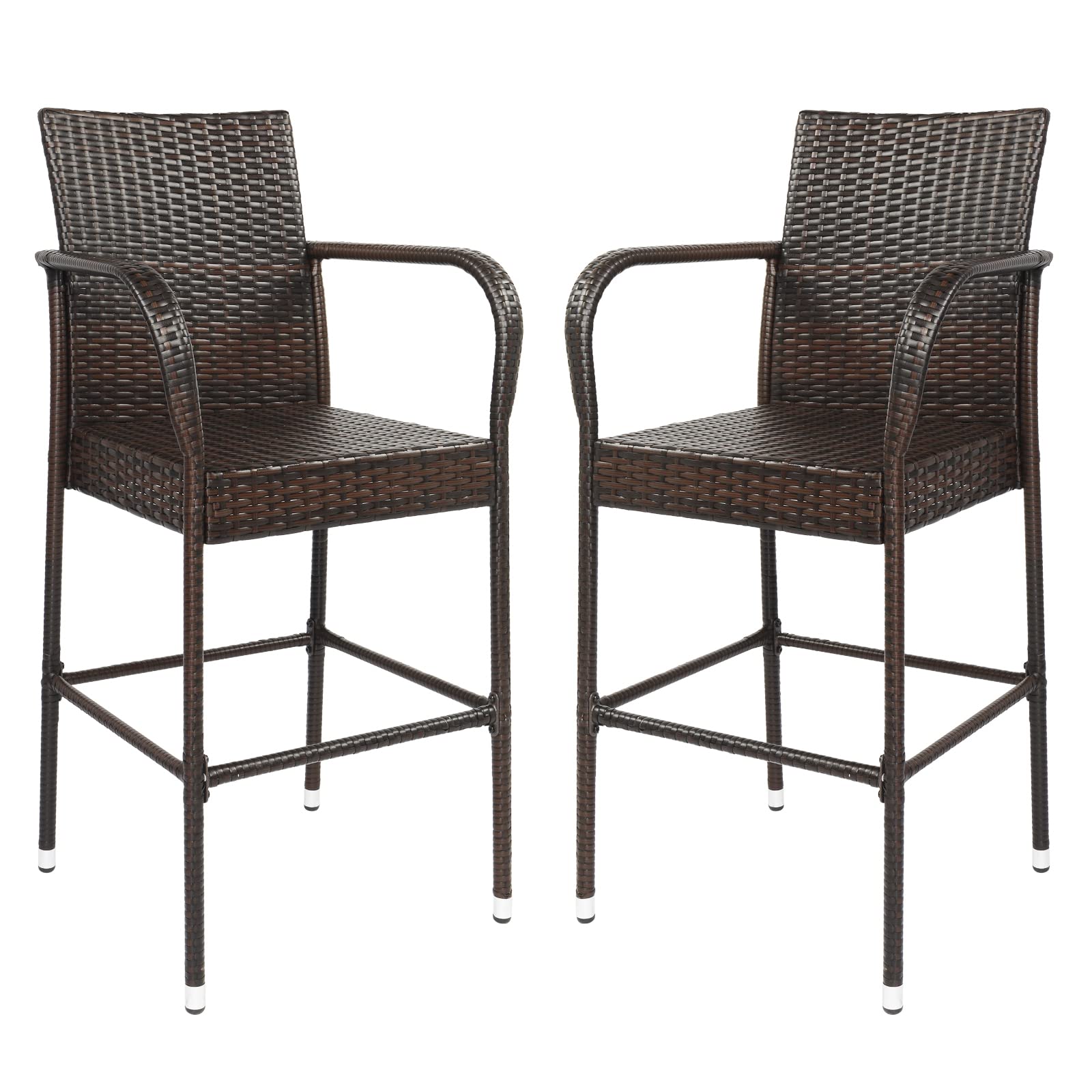 2 Pack Wicker Bar Stools with Arms and Footrest - 330 Lbs Weight Capacity Outdoor Bar Height Chairs for Patio, Garden, Poolside, Backyard - All-Weather Resistant Rattan Furniture Set