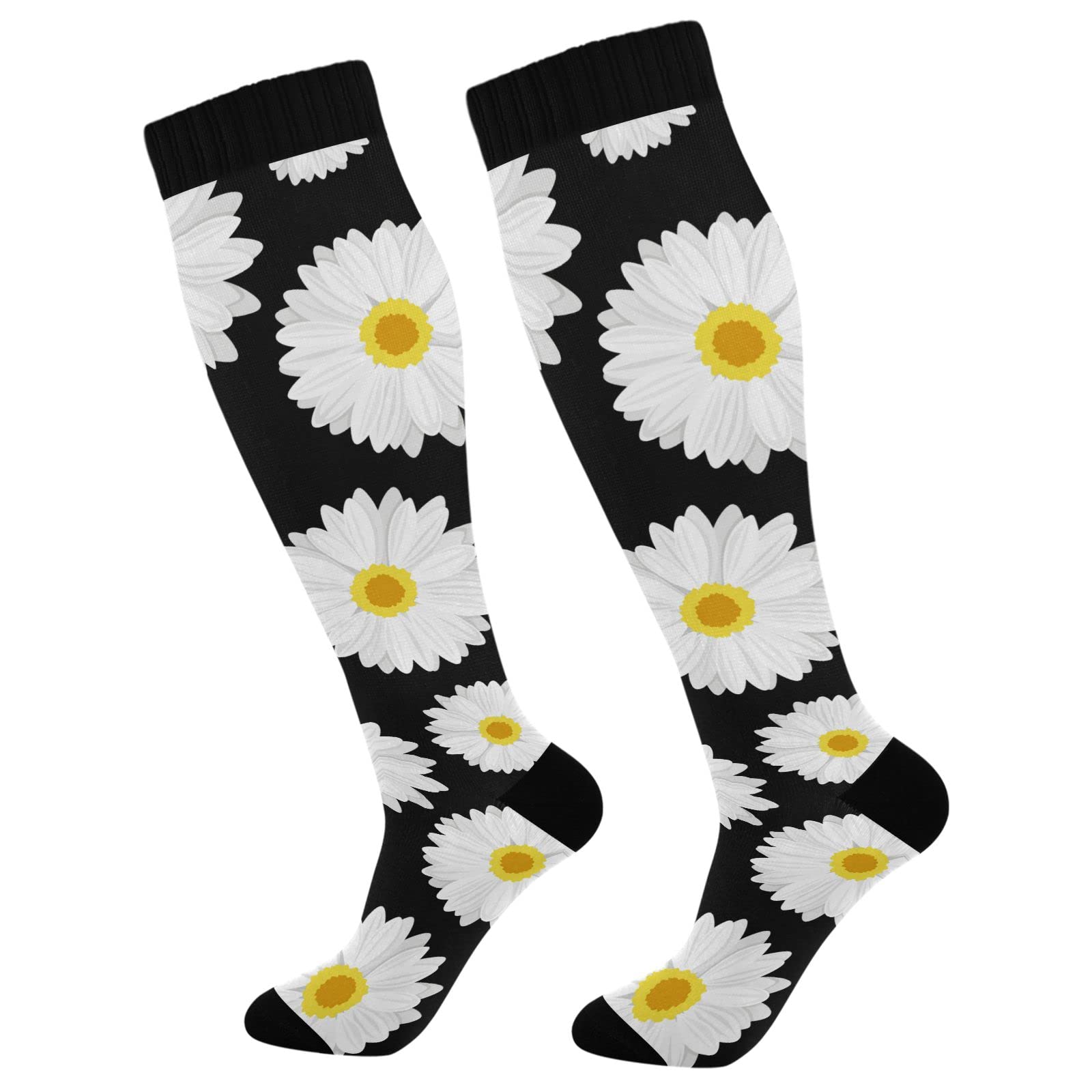 Best Compression Socks for Women & Men - Knee High Support Socks for Running, Hiking, Fitness - Floral Design Black Athletic Socks - Perfect for Workouts, Travel & Varicose Vein Relief