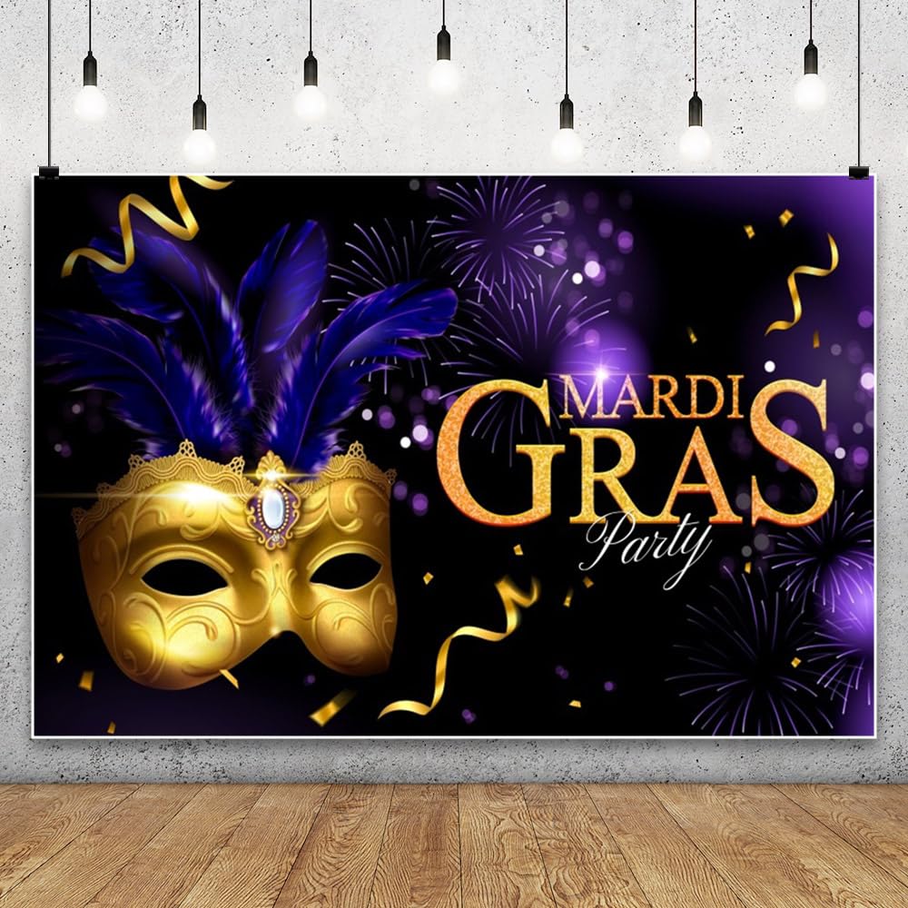 Leowefowa 5x3ft Mardi Gras Backdrop - Golden Mask, Sparkling Fireworks & Streamers Photography Background for Masquerade Birthday Party, Carnival, Studio Props (Vinyl) - Perfect for Events, Photo Booths & Home Decor