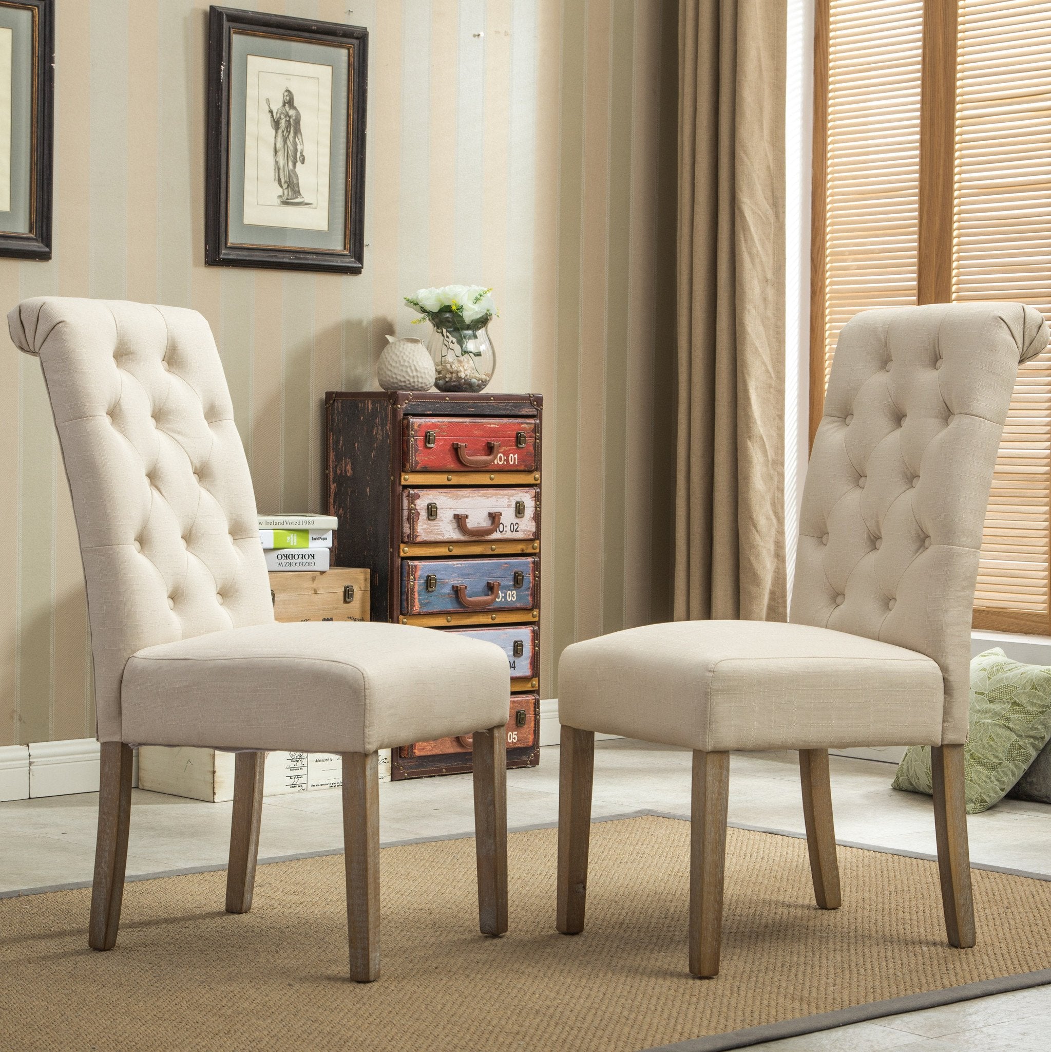 Roundhill Furniture Habit Solid Wood Tufted Parsons Dining Chair Set of 2, Tan - Modern Farmhouse Style Dining Chairs for Kitchen, Dining Room & Home Office