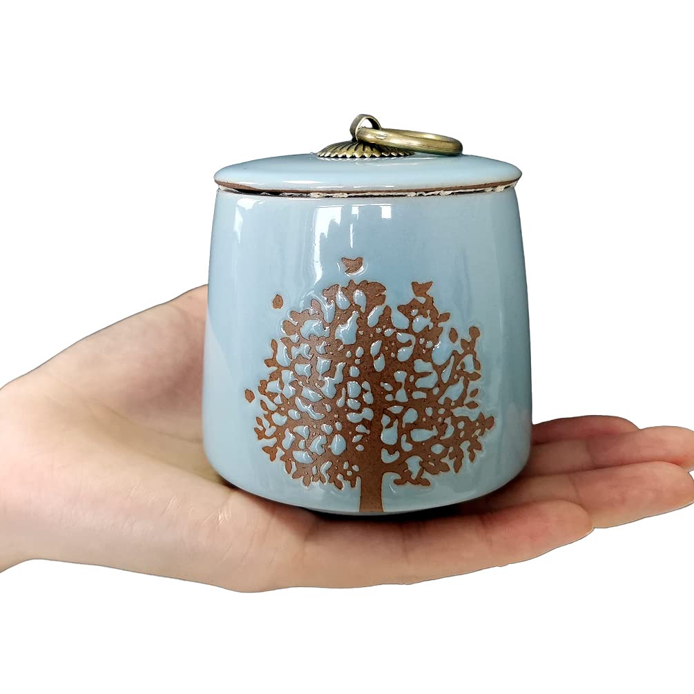 Small Cremation Urns for Human & Pet Ashes - Tree of Life Blue Decorative Memorial Urn for Adults, Dogs, Cats | Keepsake Funeral Box, Burial Urn & Ash Vial Set for Home Memorial, Scattering Ceremonies & Graveside Tributes