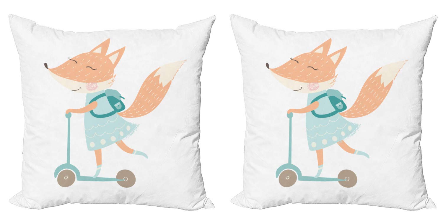 Ambesonne Fox Decorative Throw Pillow Covers Pack of 2 - Happy Animal Riding Scooter with Bag - 16 Inch Rose Dried Rose Design - Perfect for Couch, Bedroom, Living Room & Home Decor Accent