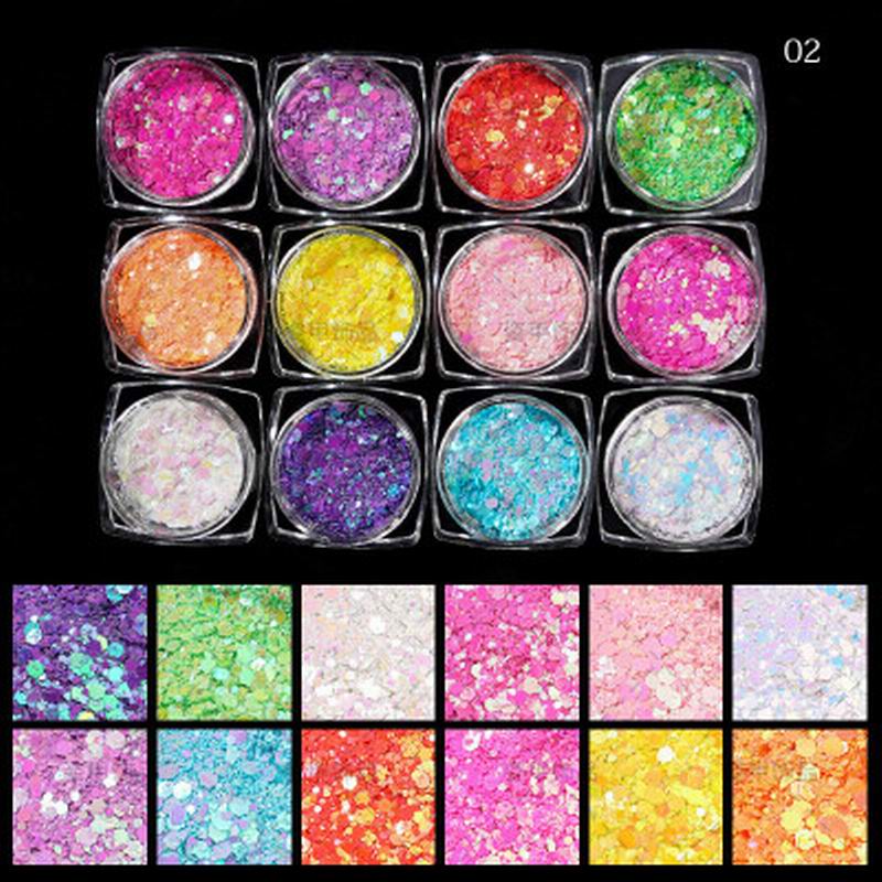 12 Jars Multicolor Glitter Sequins for Nail Art - DIY Manicure, Acrylic Nails, Gel Polish, and Party Makeup Designs