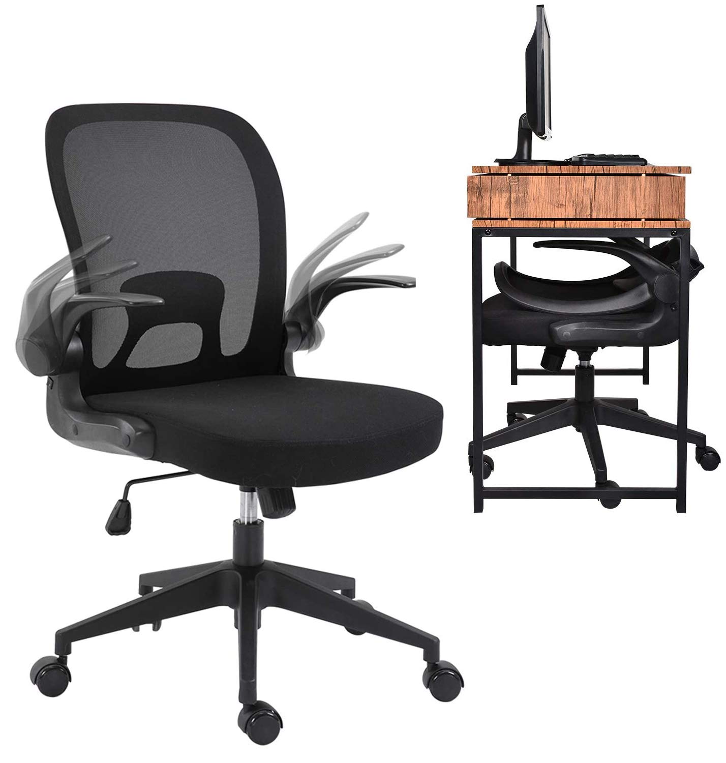 URRED Ergonomic Office Chair with Mesh Backrest & Adjustable Arms - Foldable Design, 360° Swivel Wheels for Home & Office Computer Desk (Black) - Perfect for Long Work Hours & Gaming Sessions