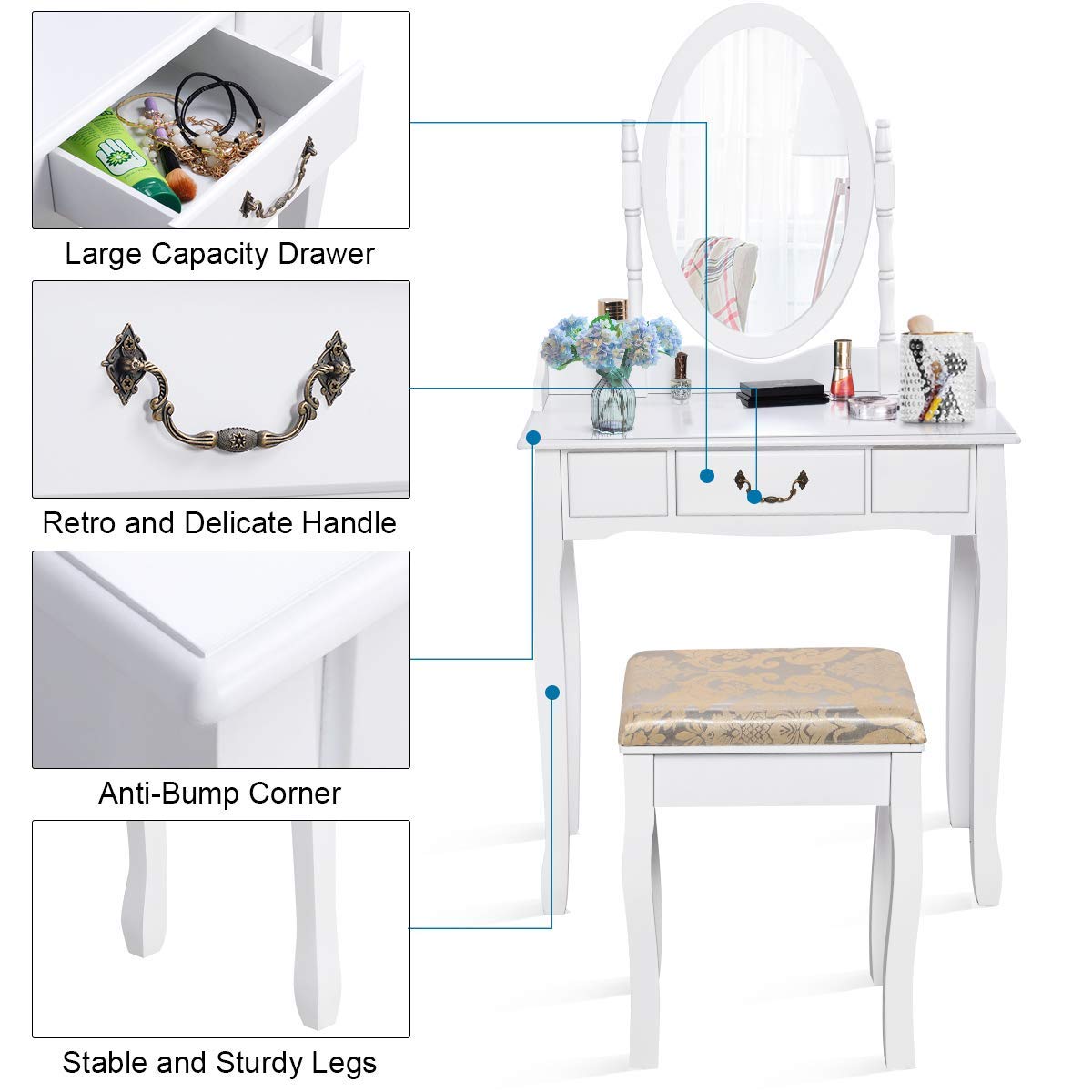 360° Rotating Makeup Vanity Table with Cushioned Stool - Solid Wood & MDF Beauty Dressing Table with Pull-Out Drawer, Bronzed Handles - Perfect for Daily Makeup, Beauty Routine & Bedroom Decor