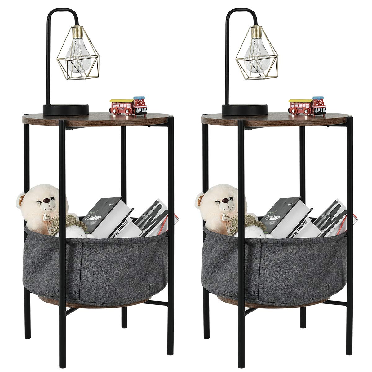 Giantex 2-Pack Round Side Table with Fabric Basket, Metal Frame & Wood Top - Multi-Functional Small Sofa Table for Living Room, Dorm, Bedroom - Grey | Perfect for Holding Books, Drinks, and Decor in Compact Spaces