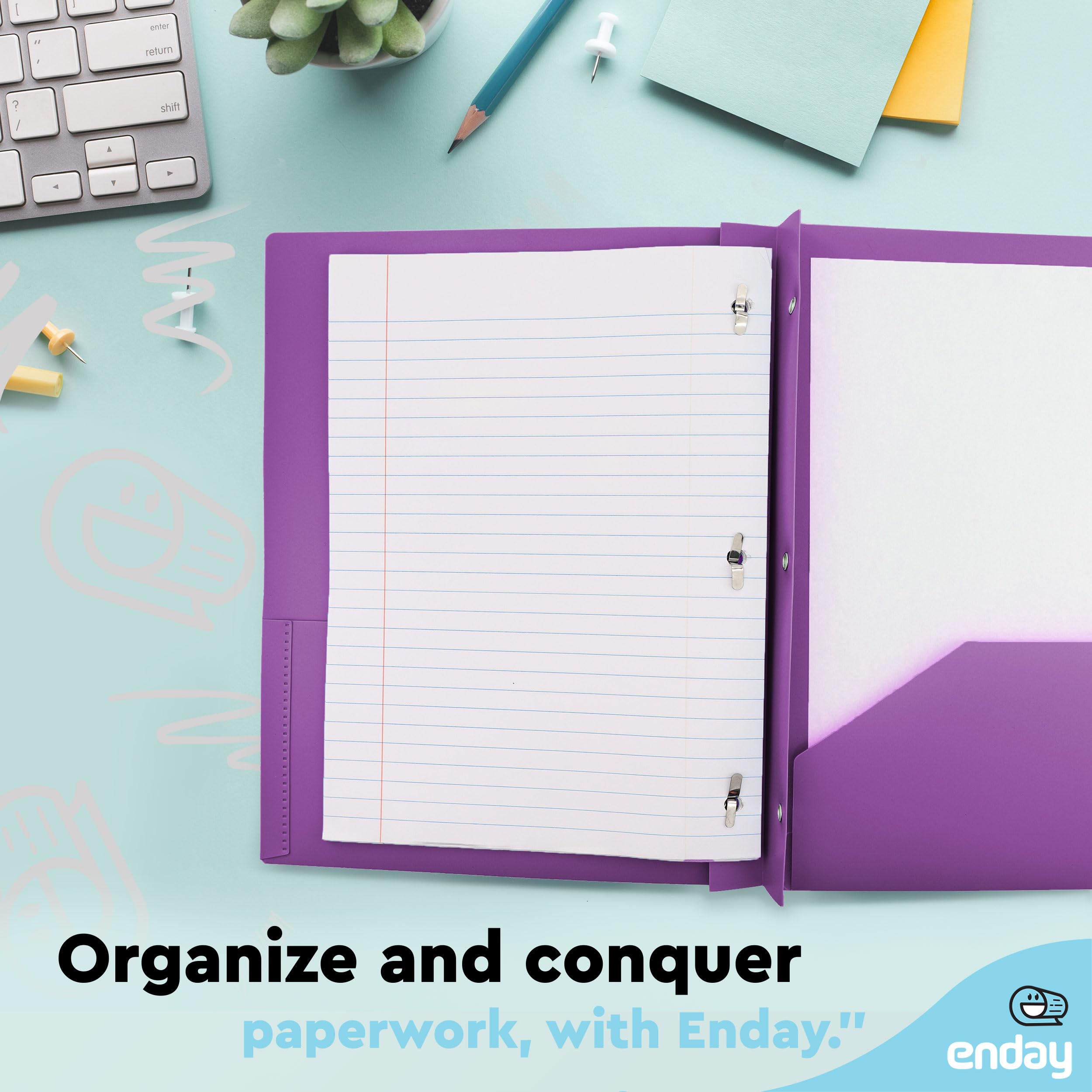 Enday 6-Pack Plastic Folders with Pockets & Prongs - 2-Pocket Folders with Brads for Letter Size Sheets (Purple, Blue, Green, Yellow, Orange, Black) - Perfect for School, Office & Document Organization
