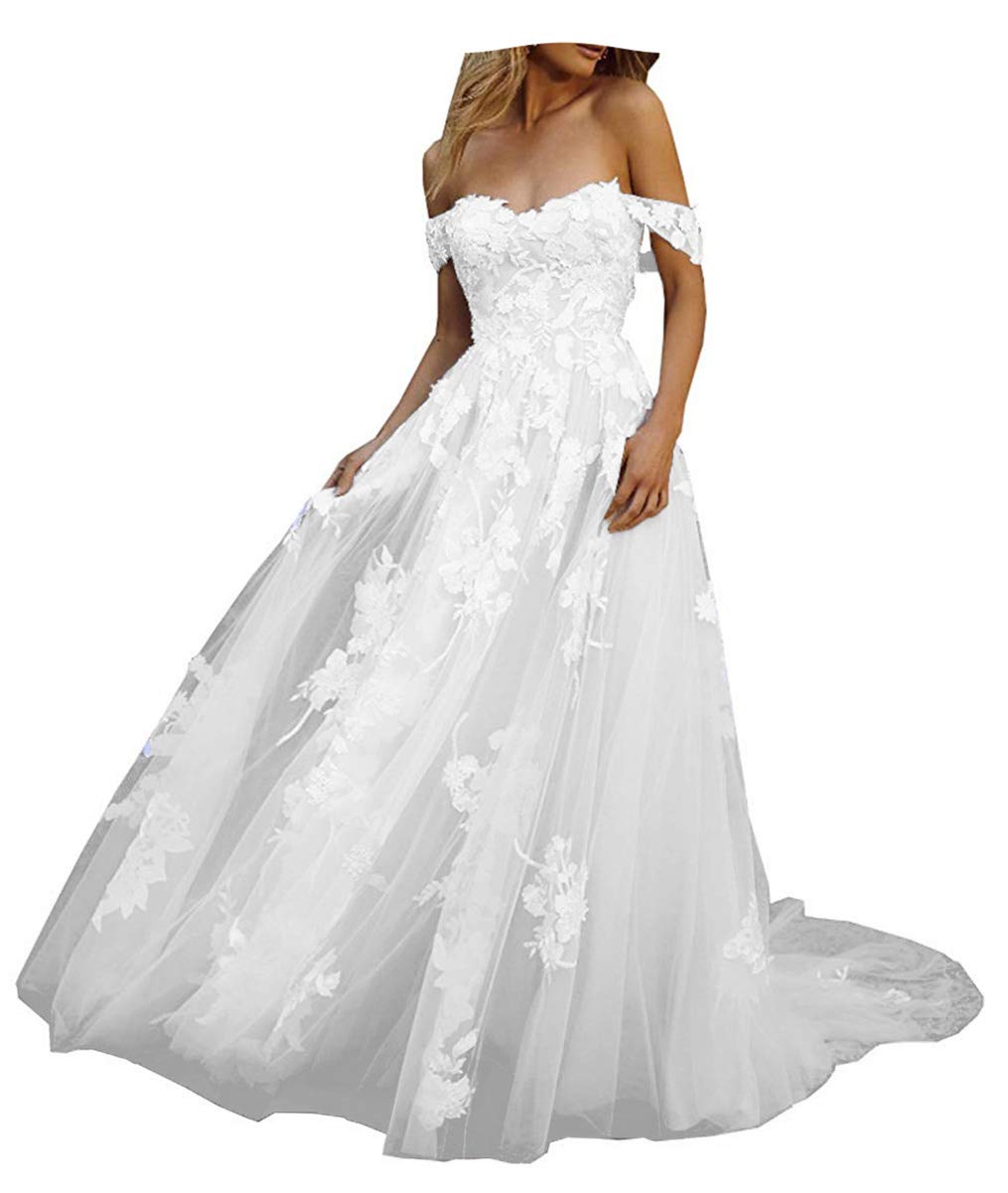 Elegant Off Shoulder Boho Lace Wedding Dress for Women – Romantic Applique Bridal Gown for Beach, Garden & Vintage Weddings