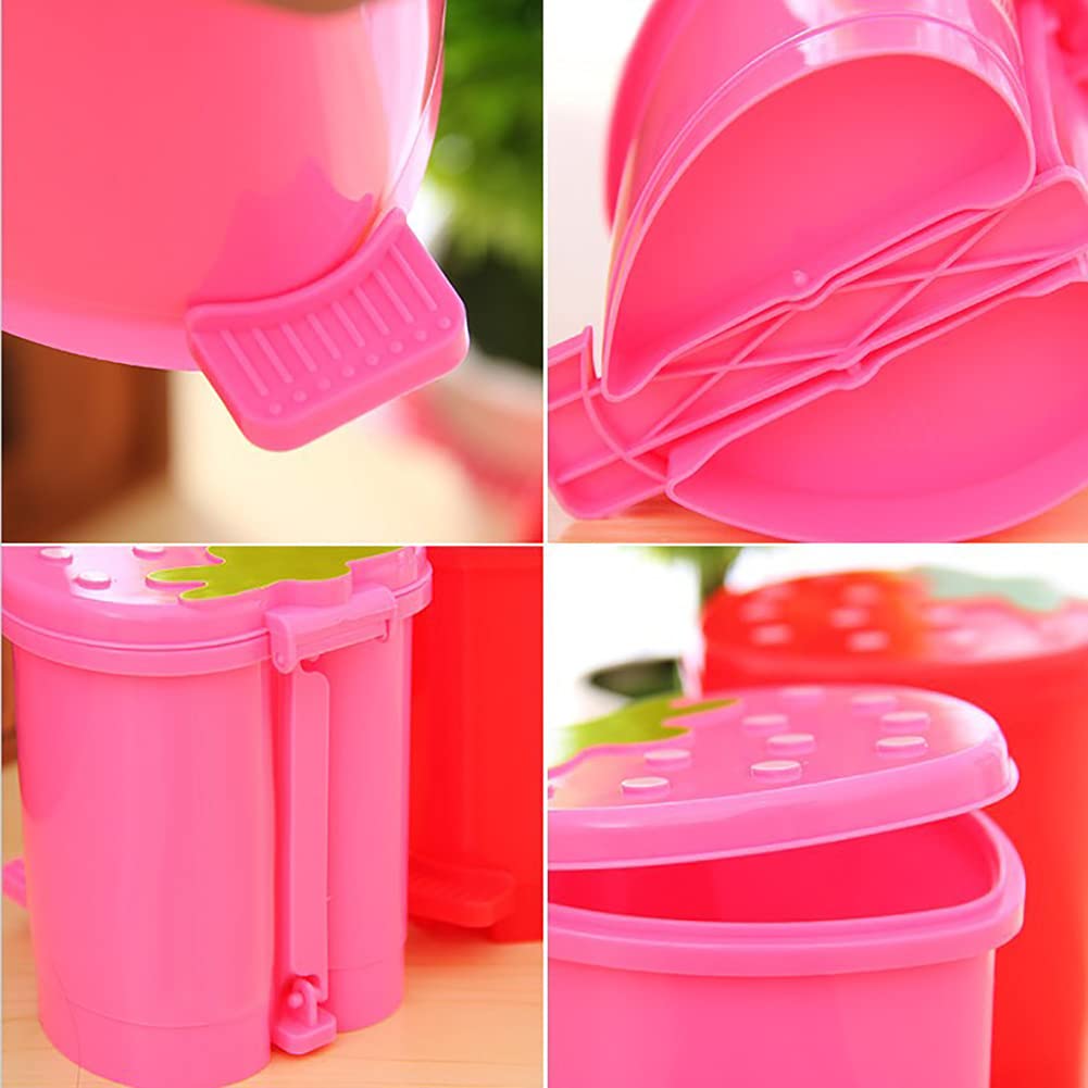Cute Pink Strawberry Mini Desktop Trash Can with Swing Lid - Small Plastic Garbage Bin for Desk, Countertop, Car, Office & Kitchen - Perfect for Home, Work & Travel Use