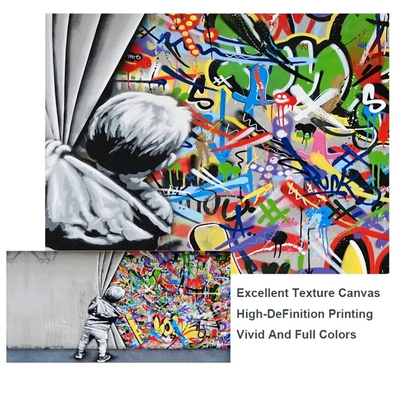 Banksy Boy Behind The Curtain Canvas Wall Art Print - Street Art Home Decor for Living Room, Bedroom & Office
