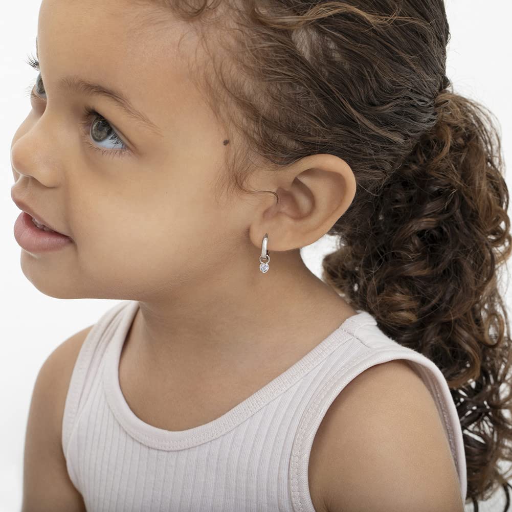925 Sterling Silver Petite Simulated Birthstone Heart Charm Hoop Earrings for Girls | 12mm Cubic Zirconia Stud Earrings | Dainty Birthstone Jewelry Gift for Teens | Perfect for Birthdays, Valentine's Day & Everyday Wear
