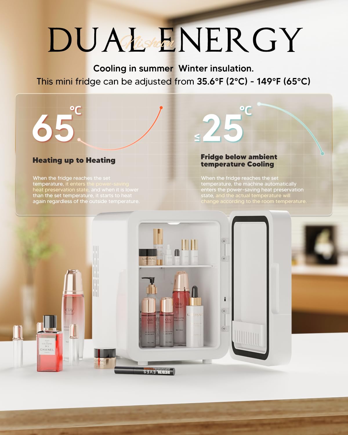 Portable 4L Mini Fridge for Skincare & Cosmetics - Thermoelectric Cooling & Warming Beauty Refrigerator with Mirrored Door, Dimmable LED Light - Perfect for Bedroom, Office, Dorm (White)