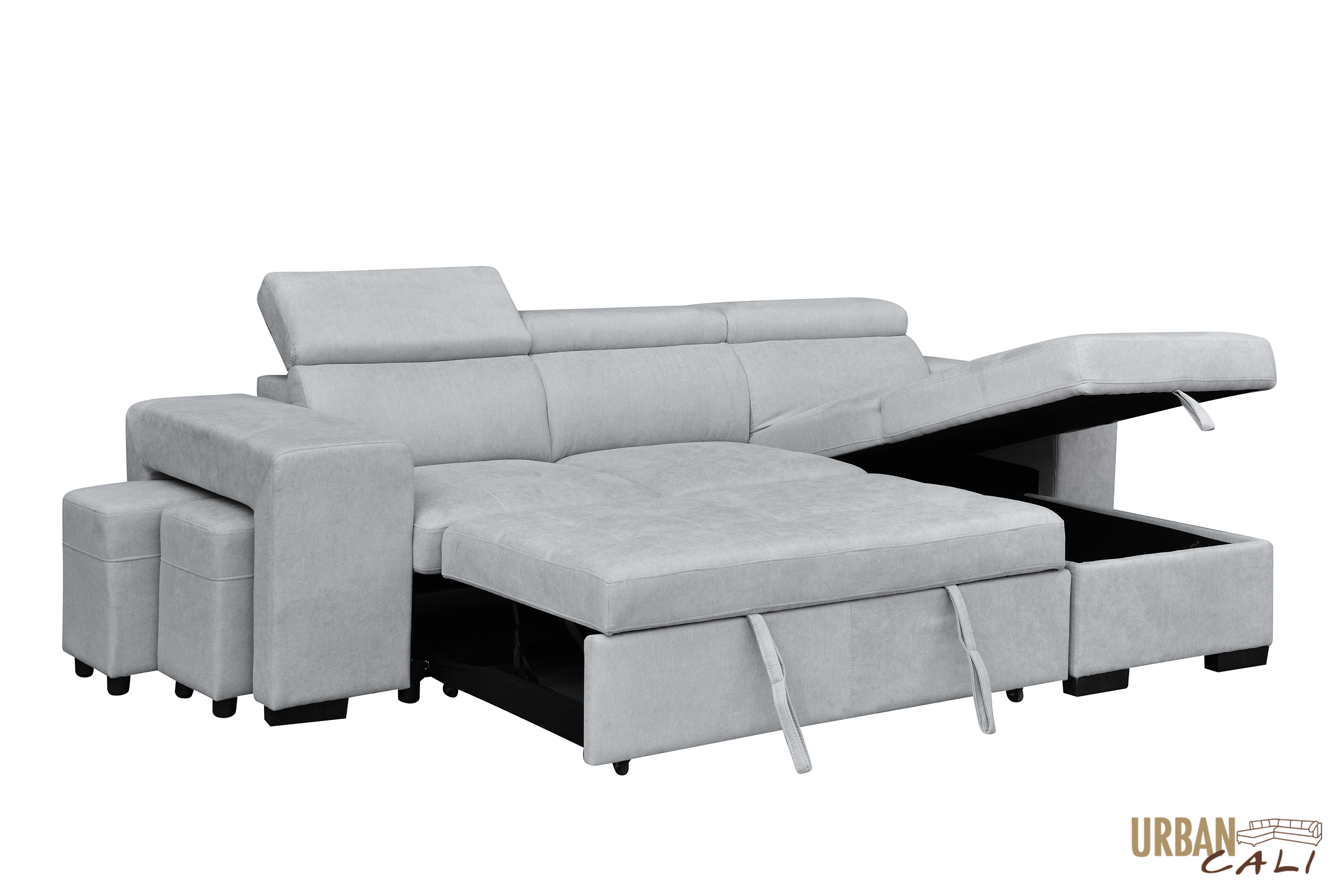 Sonoma Sleeper Sectional Sofa Bed with Reversible Storage Chaise & 2 Stools - Grey Canvas Fabric | Perfect for Small Spaces, Guest Rooms & Multi-Functional Living Areas