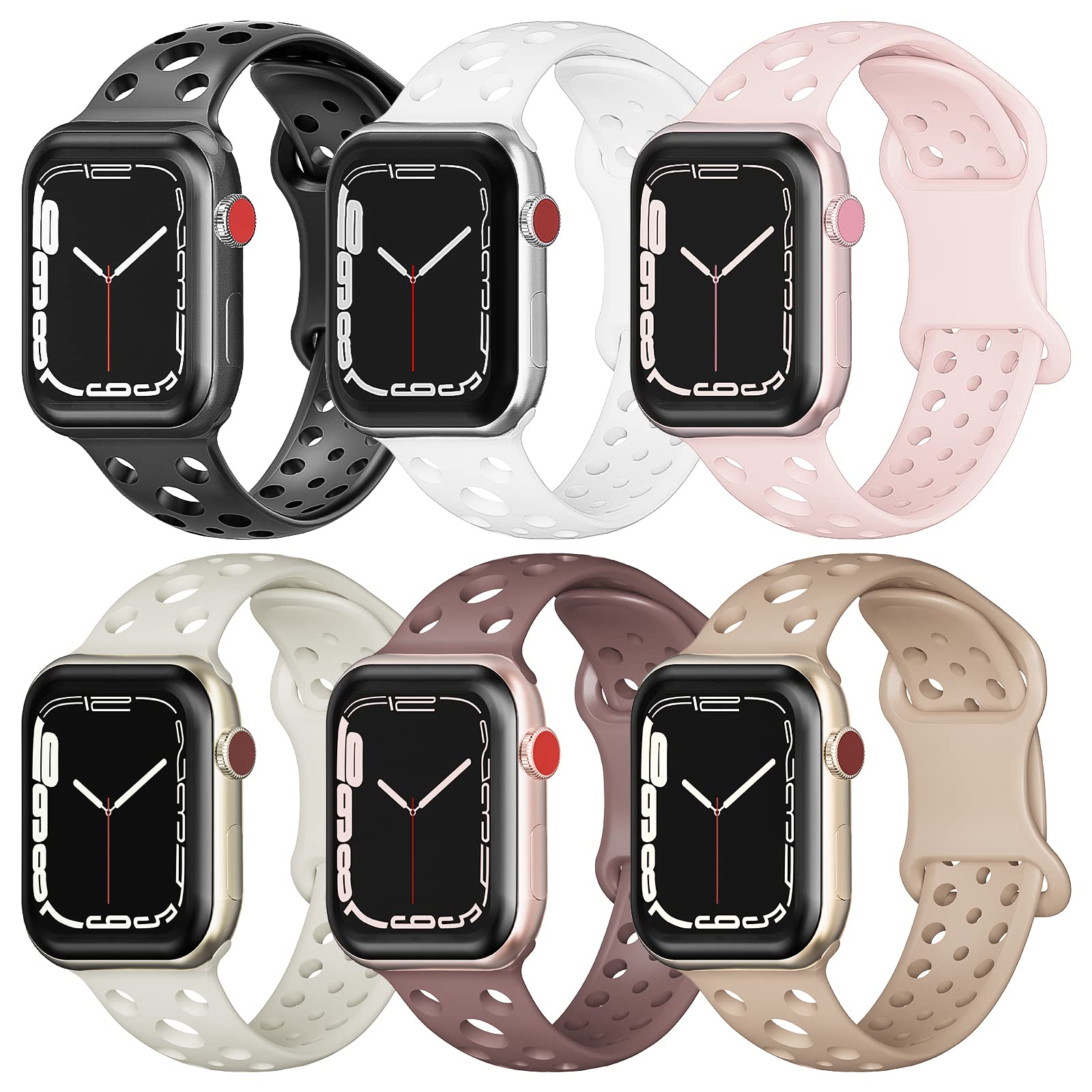 6 Pack Sport Bands for Apple Watch 38mm 40mm 41mm 42mm 44mm 45mm - Soft Silicone Replacement Straps Compatible with iWatch Series 7/6/5/4/3/2/1/SE - Breathable & Waterproof for Women & Men - Perfect for Running, Gym & Outdoor Activities