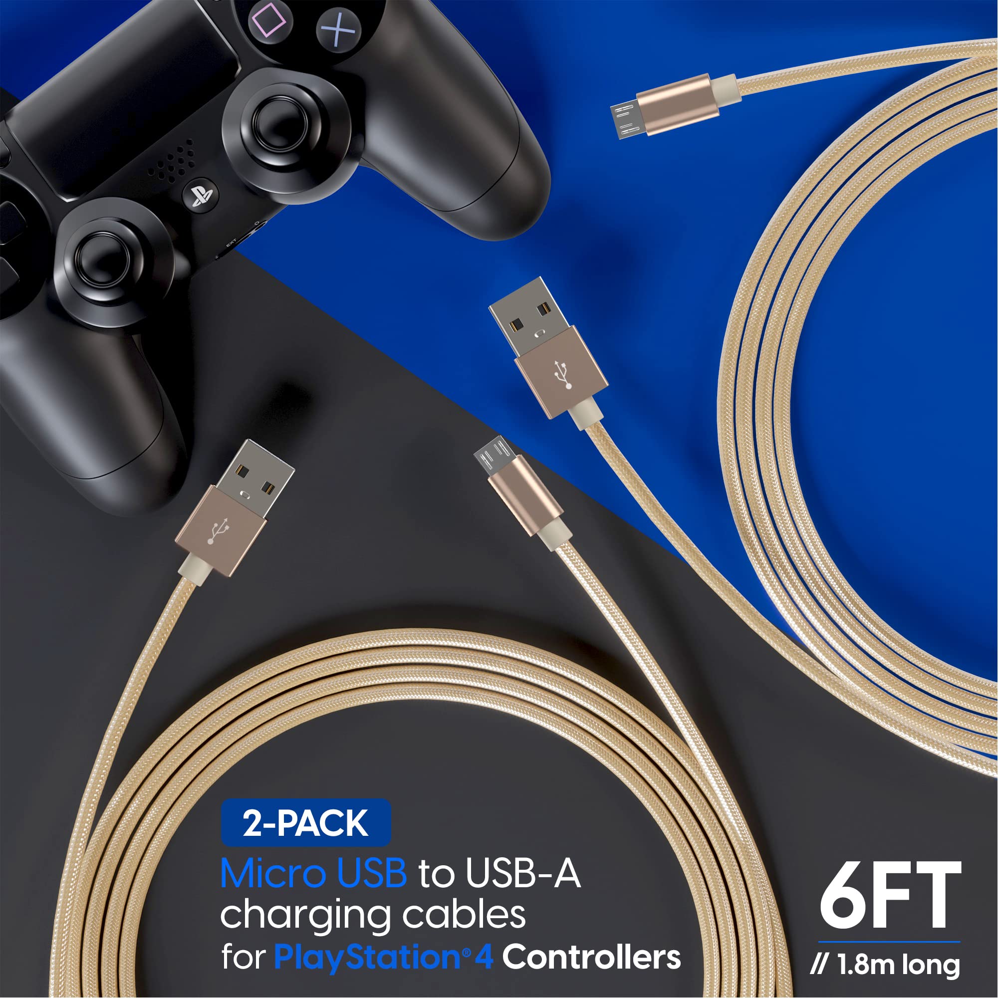 TalkWorks 6ft Nylon Braided Micro USB Charging Cable - Fast Charger Cord for PS4 Controller, Durable & Heavy Duty (Gold, 2-Pack) | Perfect for Gaming Sessions & Long Playtime