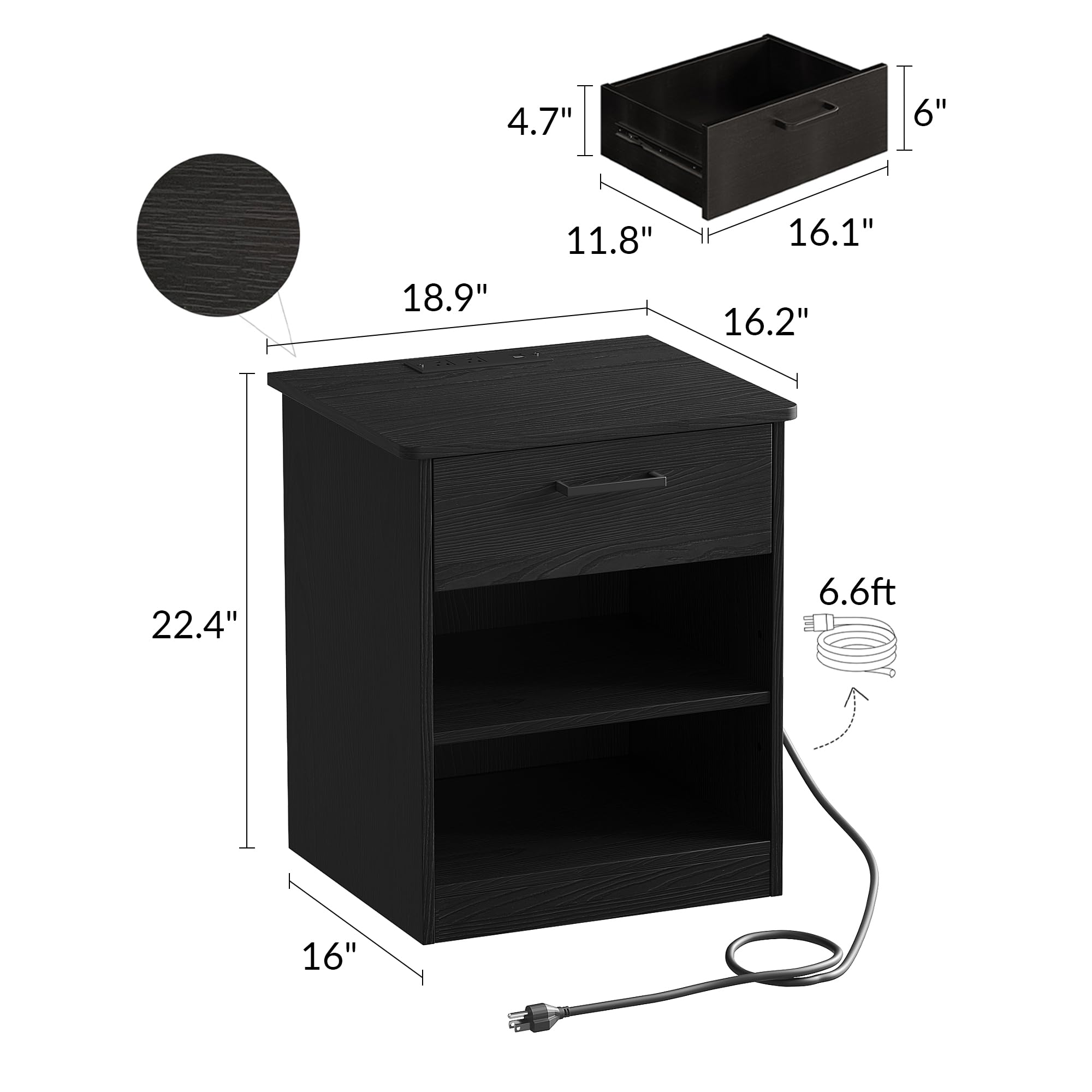 Fast Charging Wooden Side Table with USB-C Port - Black Nightstand with Drawer & Adjustable Shelf for Bedroom | Compact End Table for Phone Charging, Reading Lamp & Alarm Clock Placement (Set of 1)