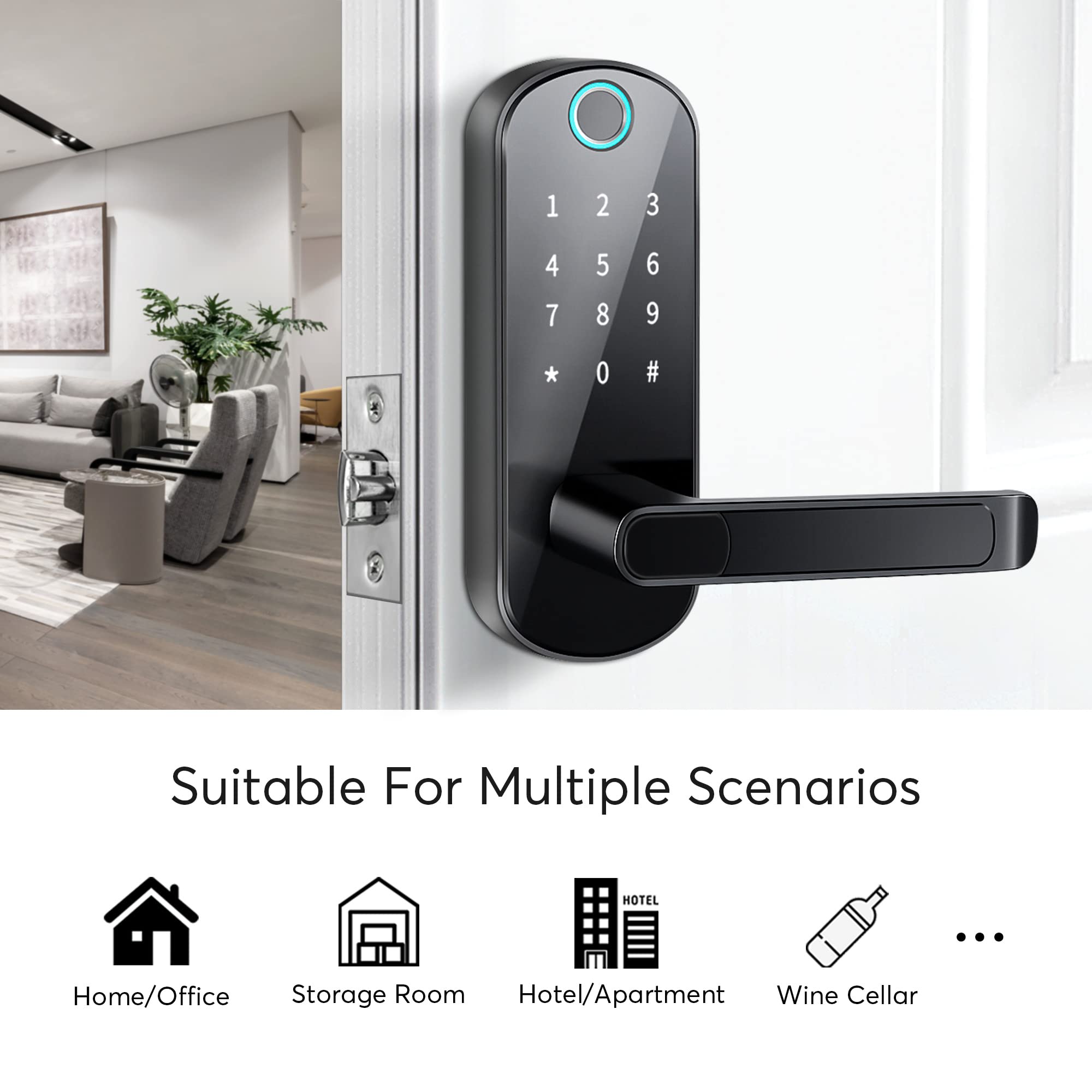 TTLock Smart Door Lock - Bluetooth Fingerprint & Touchscreen Keyless Entry, Auto-Locking Smart Lock for Front Door, Office, Apartment, Garage - Perfect for Home Security & Hands-Free Access