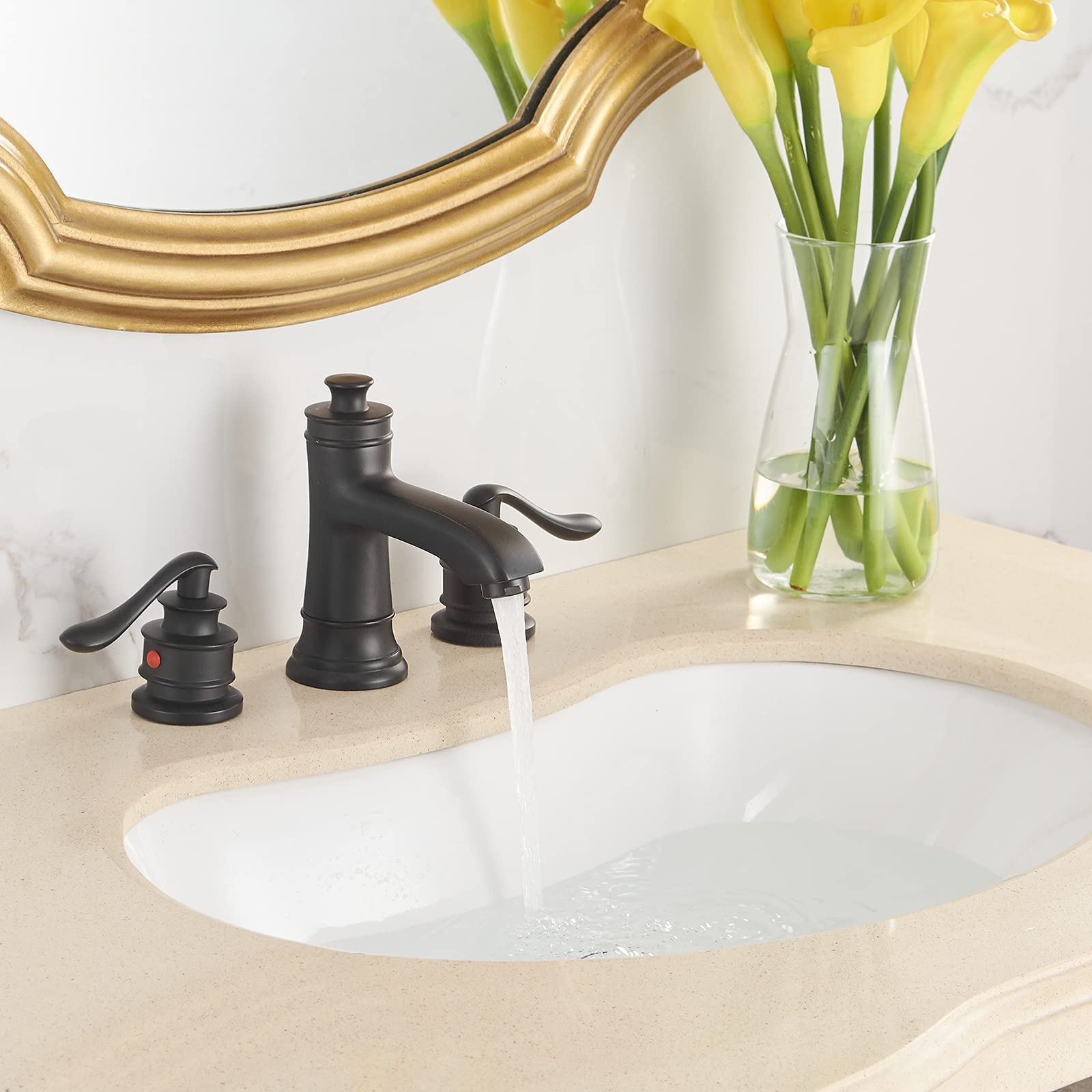 Matte Black 8 Inch Widespread Bathroom Faucet with Drain Assembly - 2 Handle 3 Hole Mixer Tap for Lavatory Sink - Includes Supply Hose - Perfect for Modern Bathroom Renovation & Powder Room Upgrades