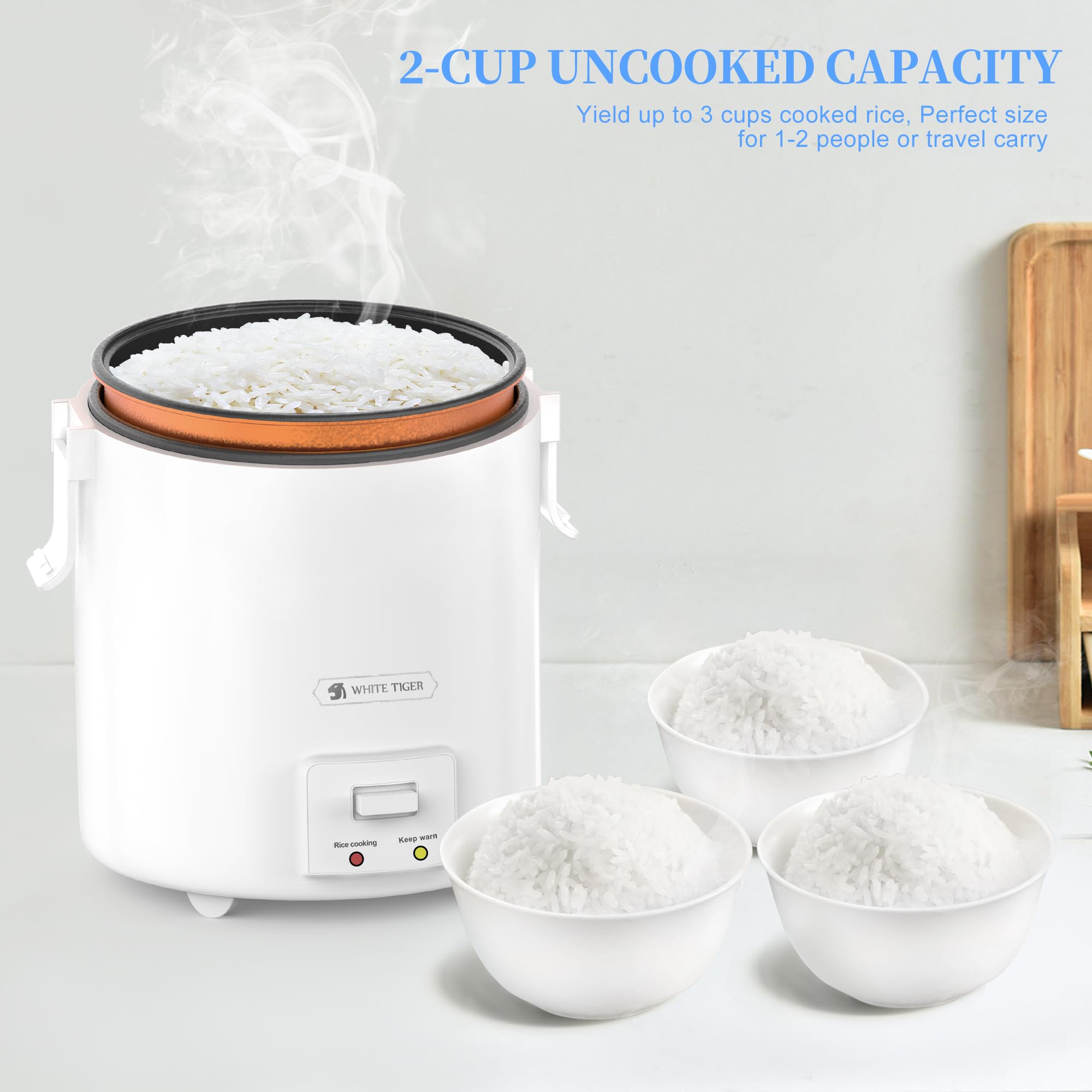 1.0L Mini Rice Cooker - WHITE TIGER Portable Travel Steamer for Fast 15-Minute Cooking | Non-Stick Removable Pot with Keep Warm Function | Perfect for 1-2 People | Ideal for Dorm, Office, Travel & Camping | Cook Rice, Soup, Stews & Oatmeal Easily